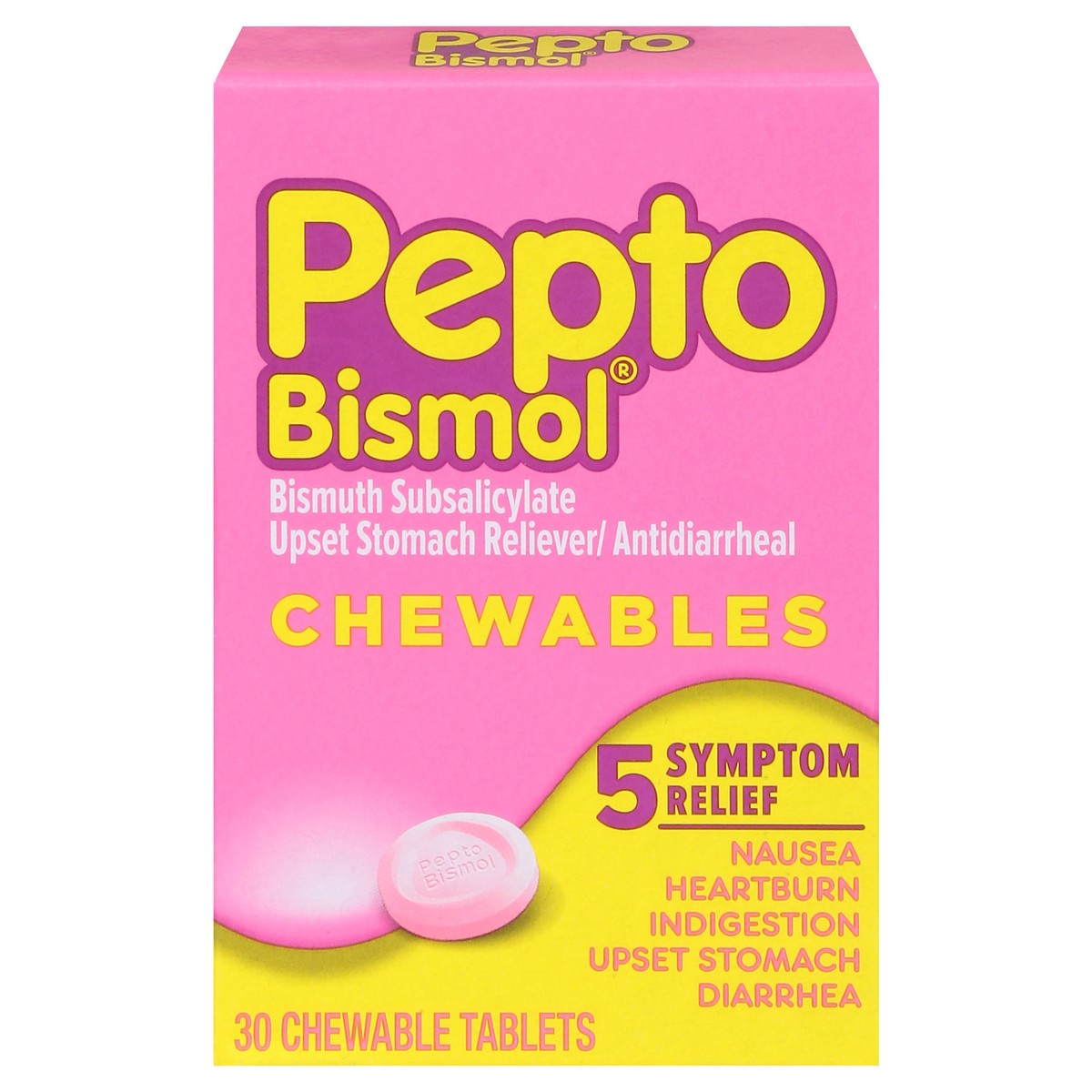 slide 1 of 9, Pepto-Bismol Chewable Tablets Upset Stomach Reliever/Antidiarrheal 30 ea, 30 ct
