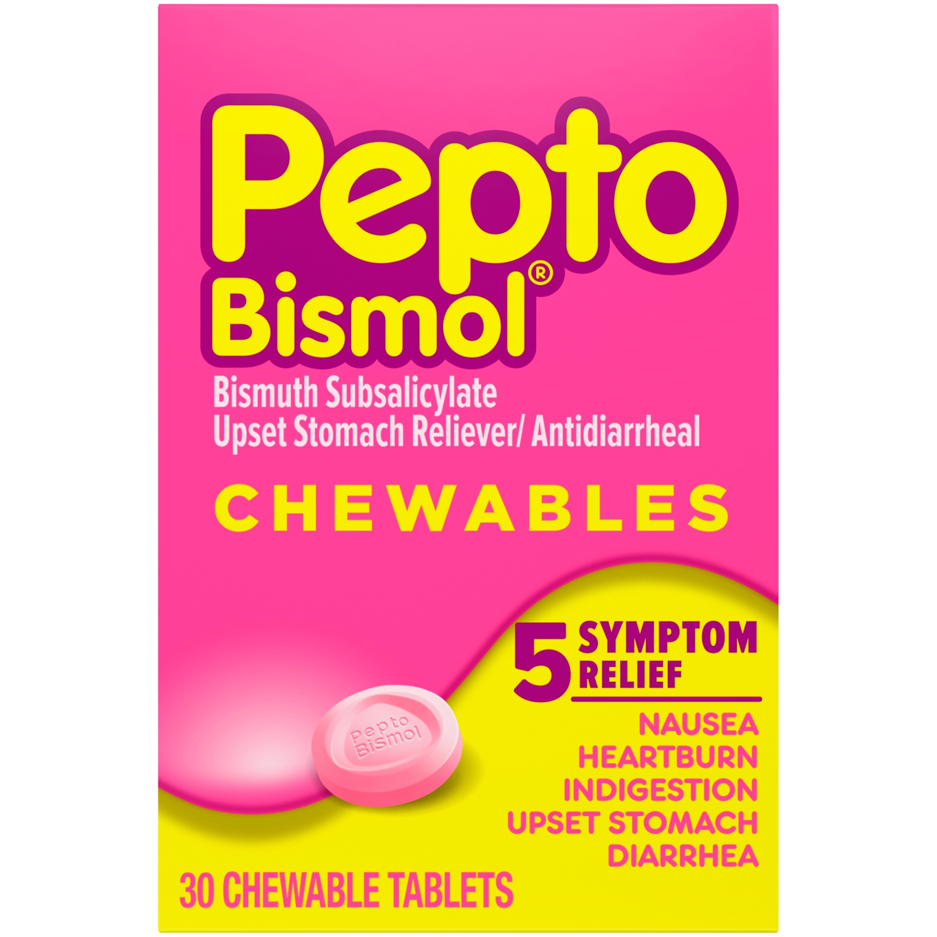 slide 1 of 3, Pepto-Bismol Upset Stomach Reliever Antidiarrheal Chewable Tablets, 30 ct