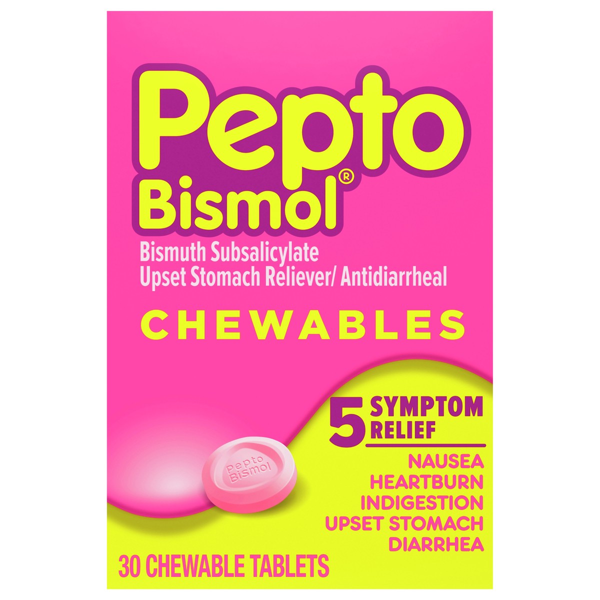 slide 1 of 9, Pepto-Bismol Chewable Tablets for Nausea, Heartburn, Indigestion, Upset Stomach, and Diarrhea - 5 Symptom Fast Relief, Original Flavor, 30 ct, 30 ct