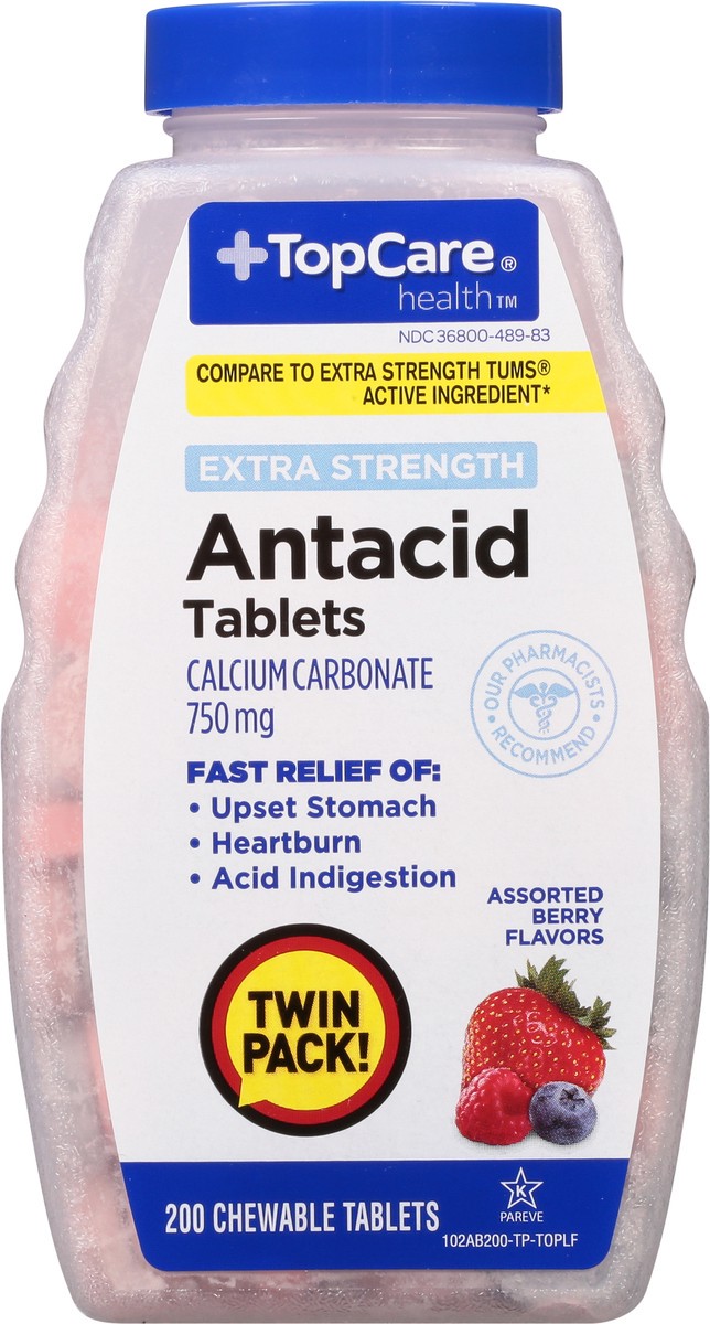 slide 3 of 9, TopCare Health 750 mg Extra Strength Assorted Berry Flavors Antacid Twin Pack 200 Chewable Tablets, 200 ct