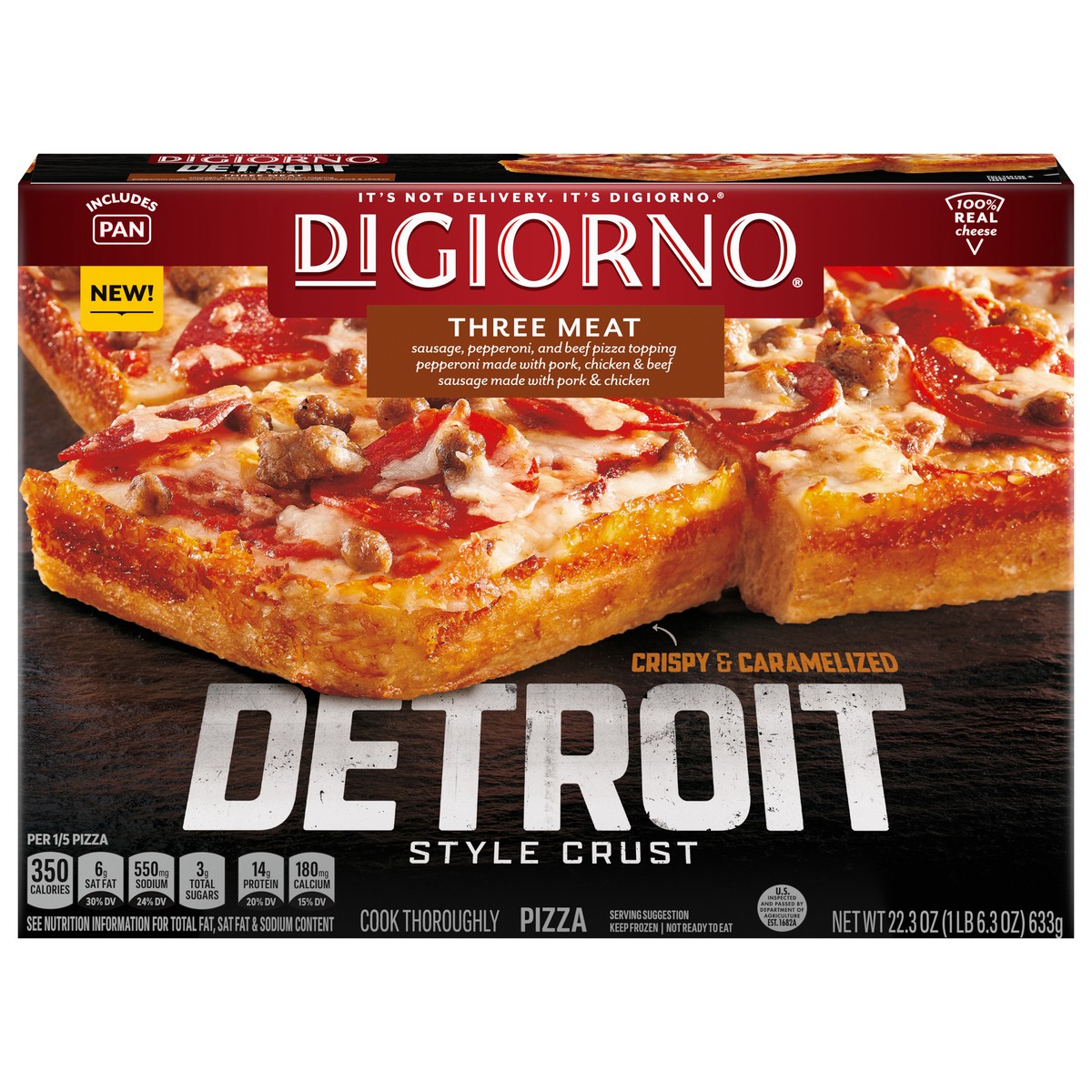 slide 2 of 15, DiGiorno Detroit Style Crust Three Meat Pizza (Frozen), 22.3 oz