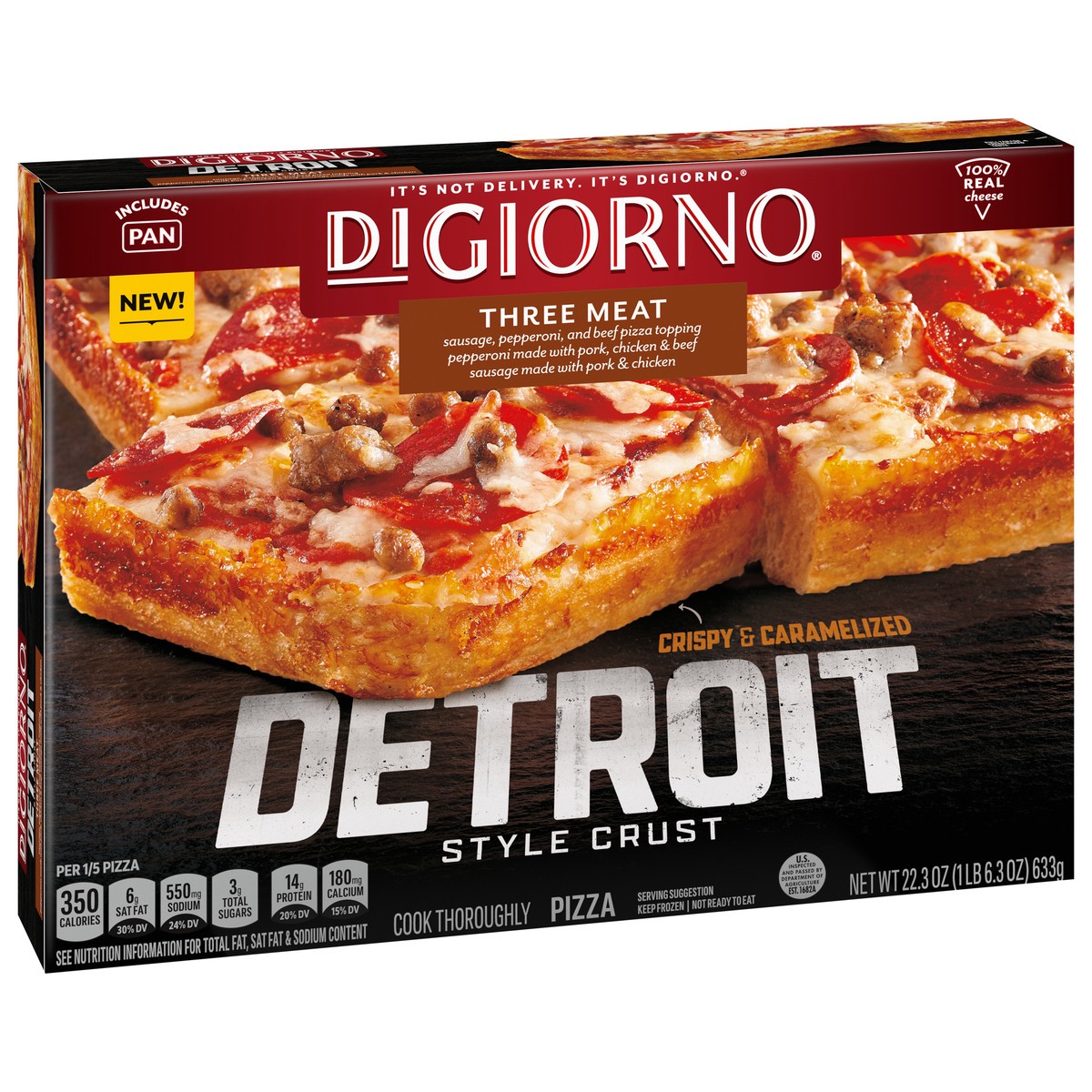 slide 3 of 15, DiGiorno Detroit Style Crust Three Meat Pizza (Frozen), 22.3 oz