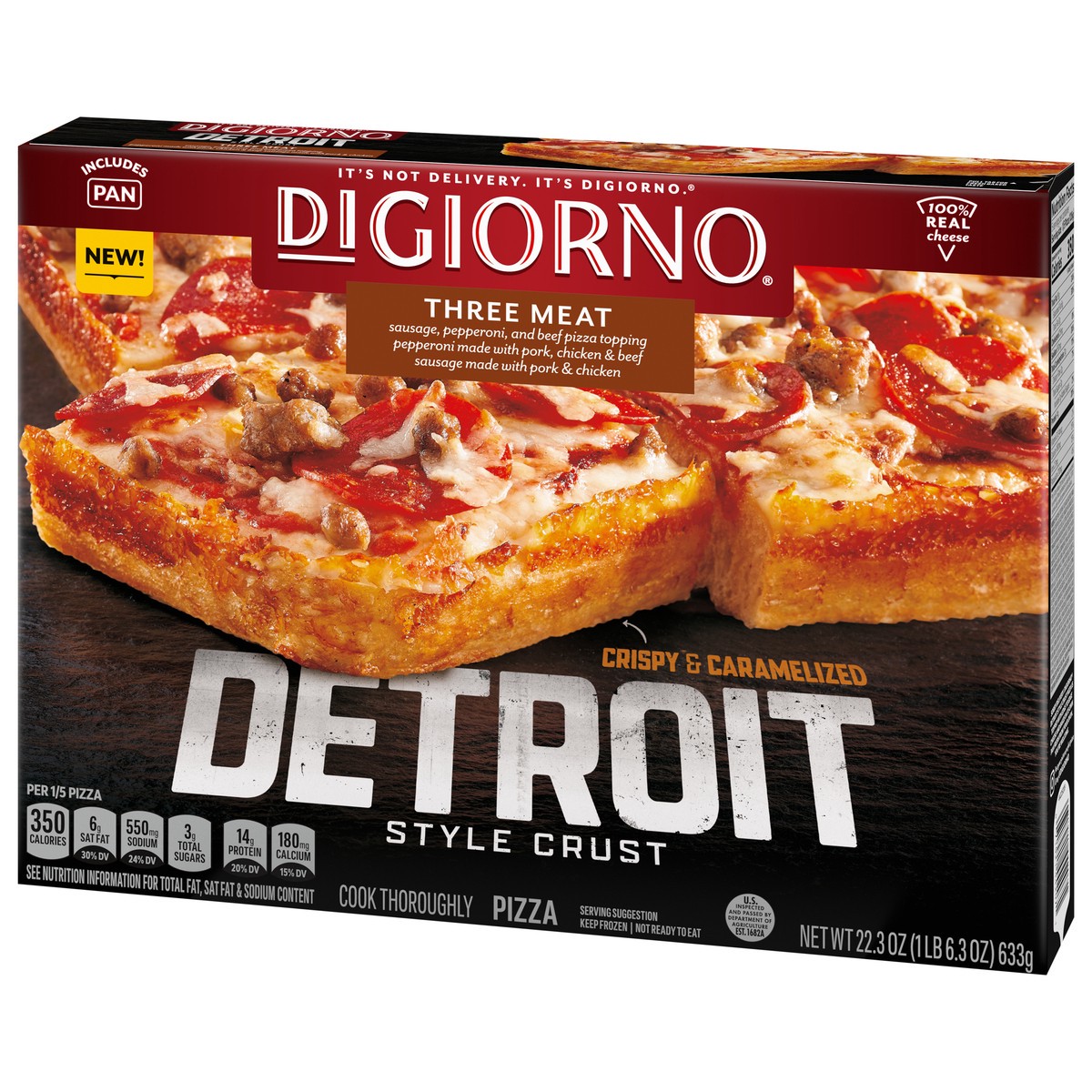 slide 9 of 15, DiGiorno Detroit Style Crust Three Meat Pizza (Frozen), 22.3 oz