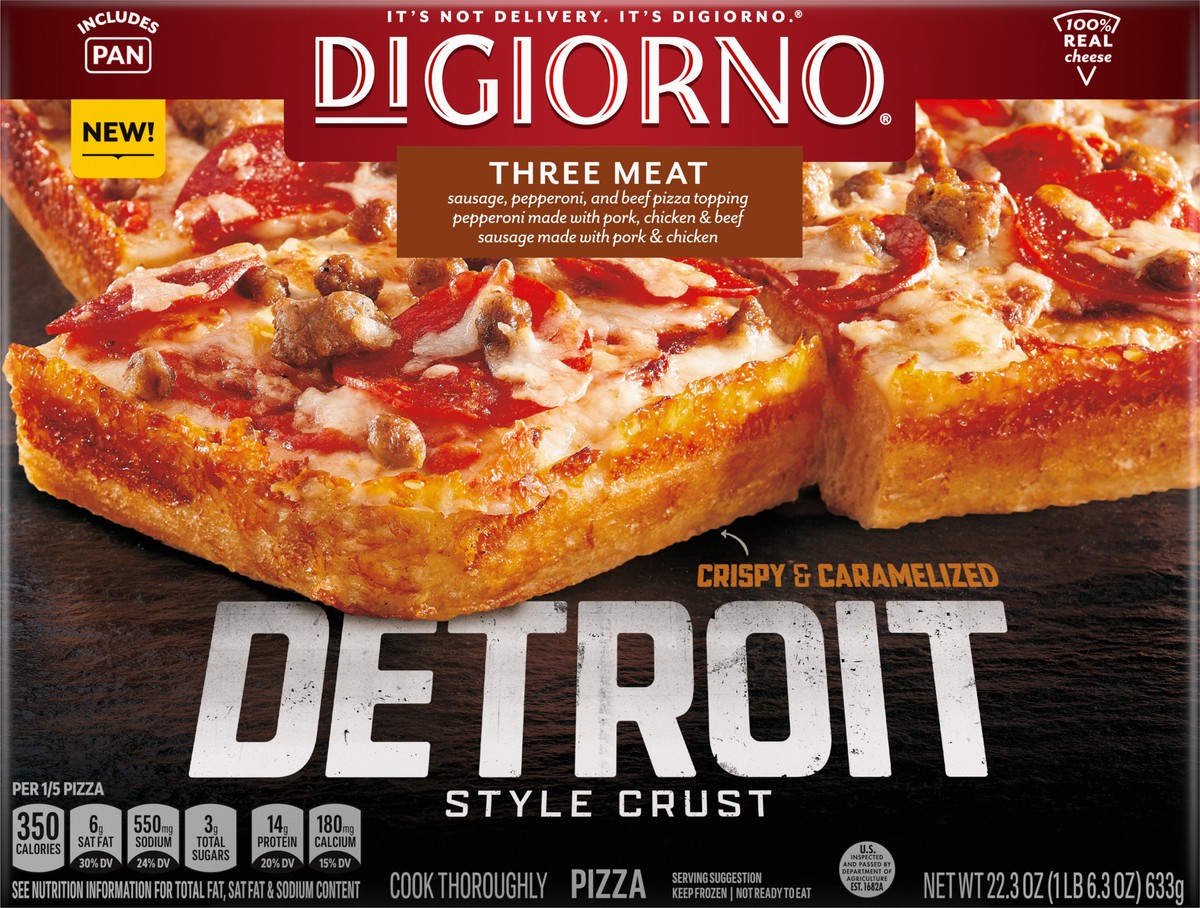 slide 6 of 15, DiGiorno Detroit Style Crust Three Meat Pizza (Frozen), 22.3 oz