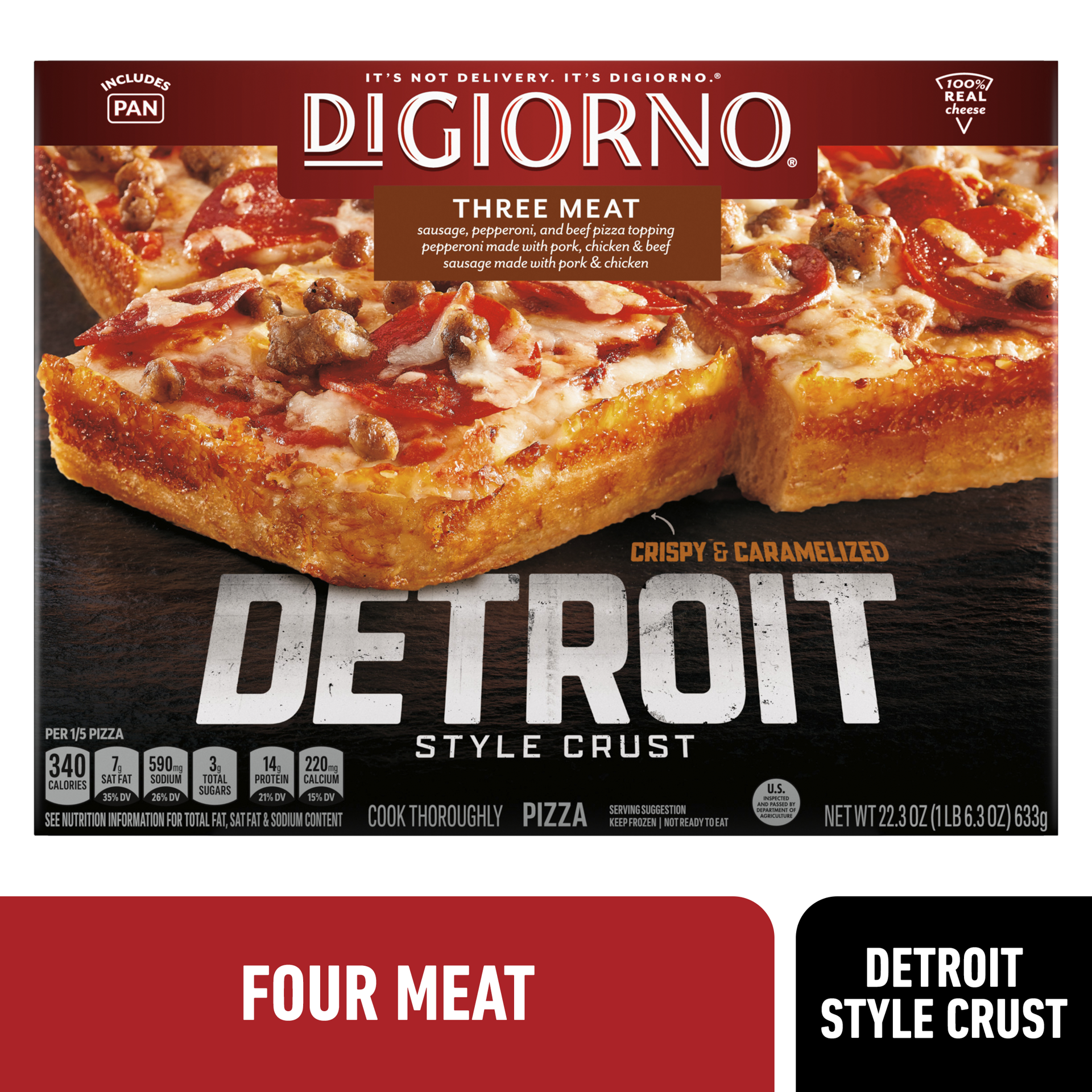 slide 1 of 15, DiGiorno Detroit Style Crust Three Meat Pizza (Frozen), 22.3 oz