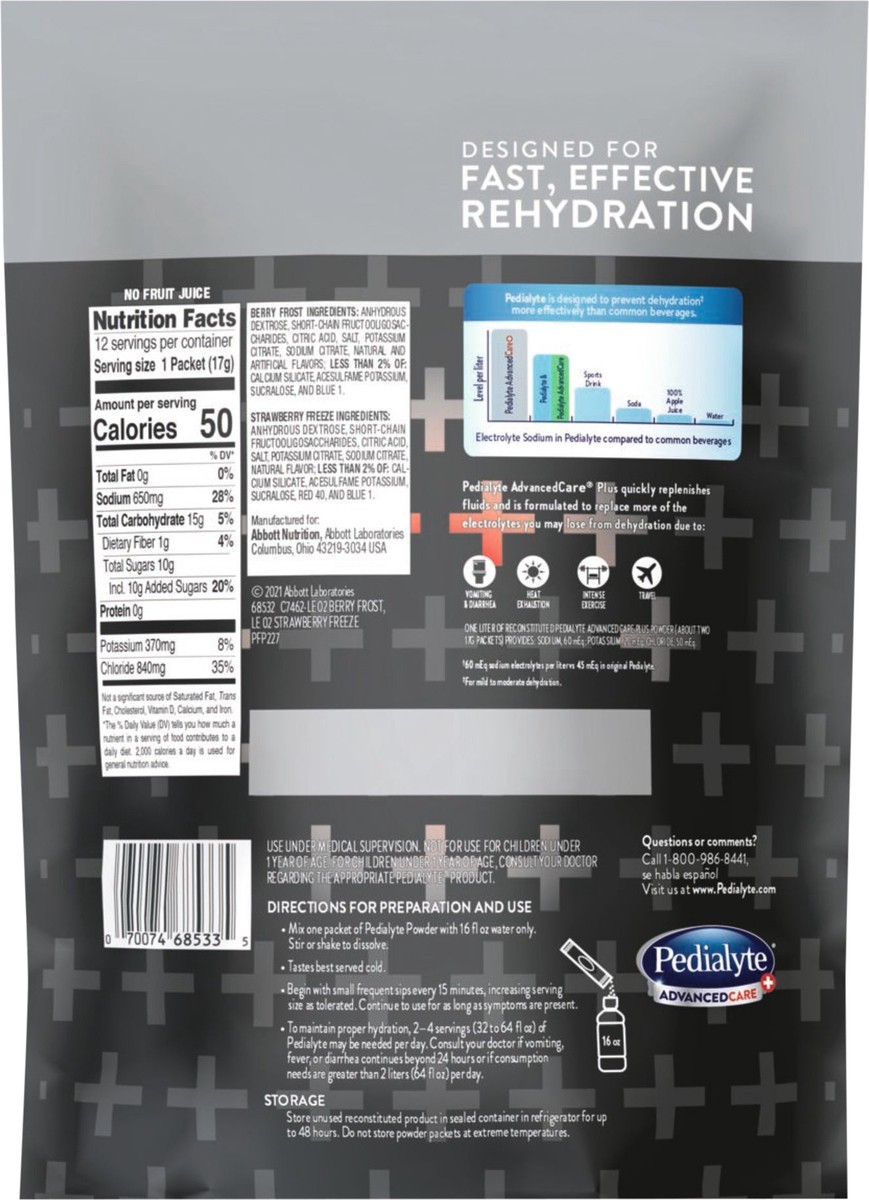 slide 4 of 5, Pedialyte AdvancedCare Plus Advanced Hydration Berry Frost/Strawberry Freeze Electrolyte Powder Value Size 12 - 0.6 oz Packets, 12 ct