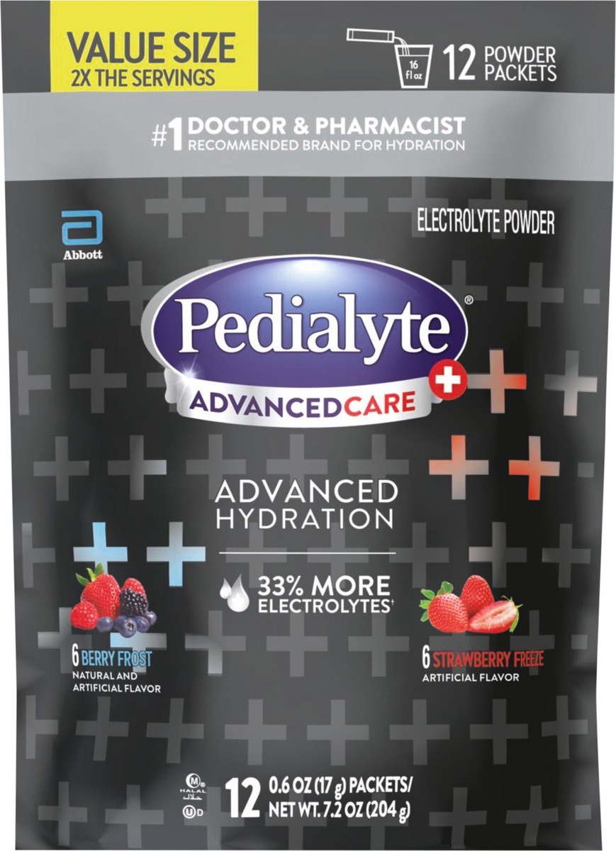 slide 5 of 5, Pedialyte AdvancedCare Plus Advanced Hydration Berry Frost/Strawberry Freeze Electrolyte Powder Value Size 12 - 0.6 oz Packets, 12 ct
