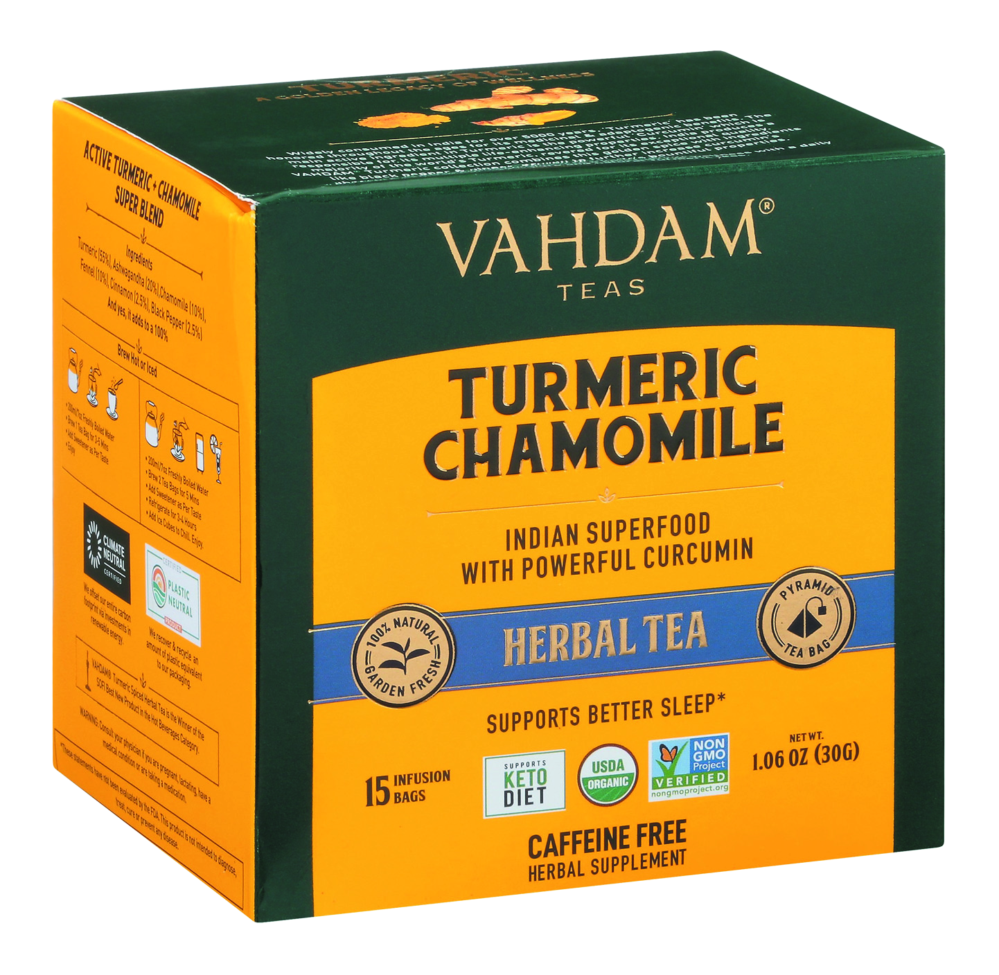 slide 1 of 1, Vahdam Teas Organic Turmeric Chamomile Herbal Tea, 15 ct