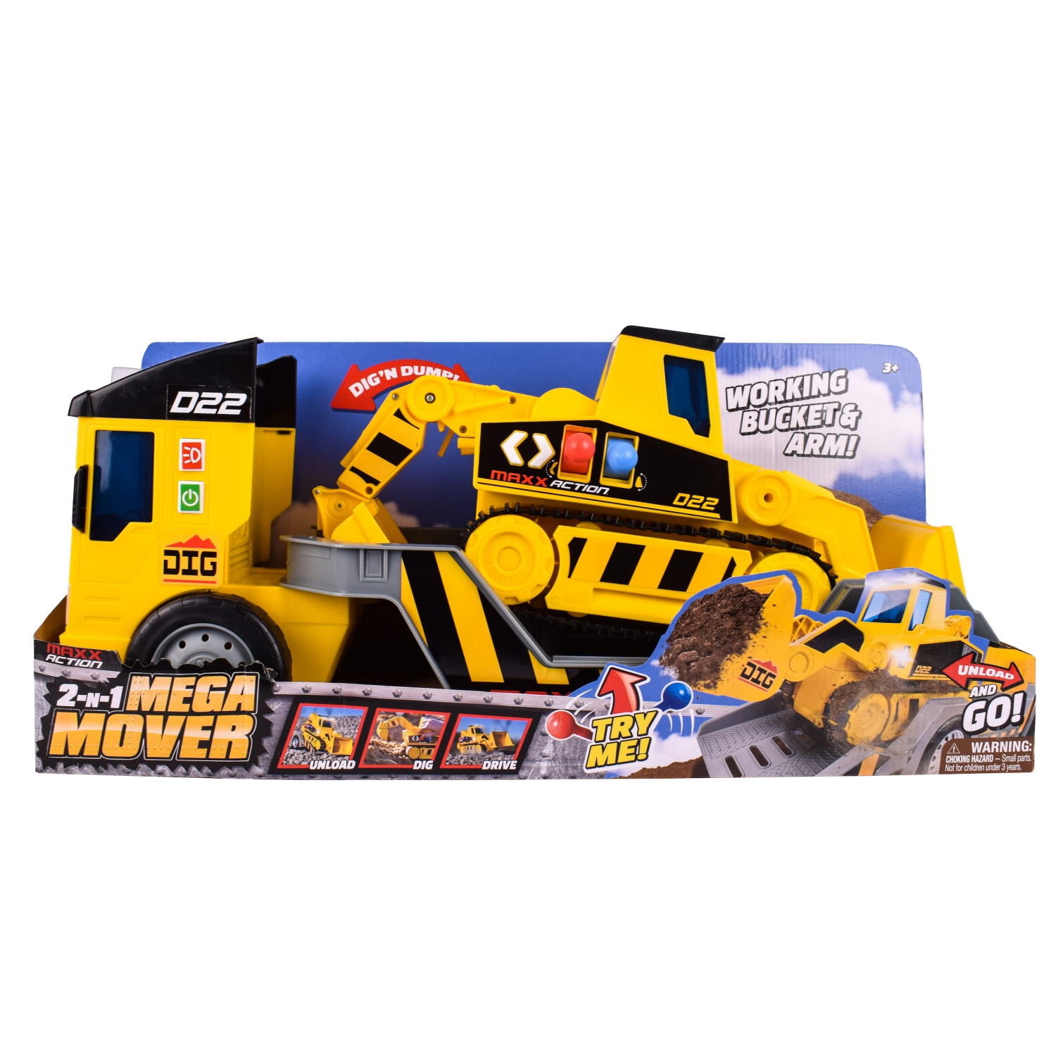 slide 1 of 7, Maxx Action 2-N-1 Mega Mover – Construction Truck and Trailer, 1 ct