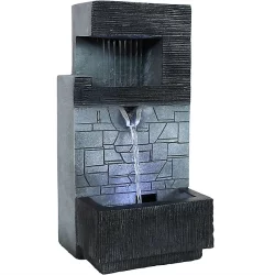Sunnydaze Modern Tiered Brick Wall Tabletop Water Fountain with LED Light - Grey