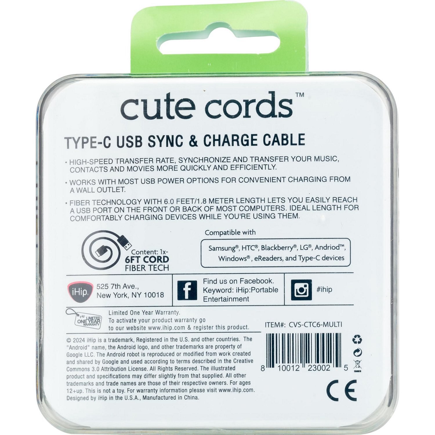 slide 2 of 2, Cute Type C Cable 6Ft Rainbow, 1 ct