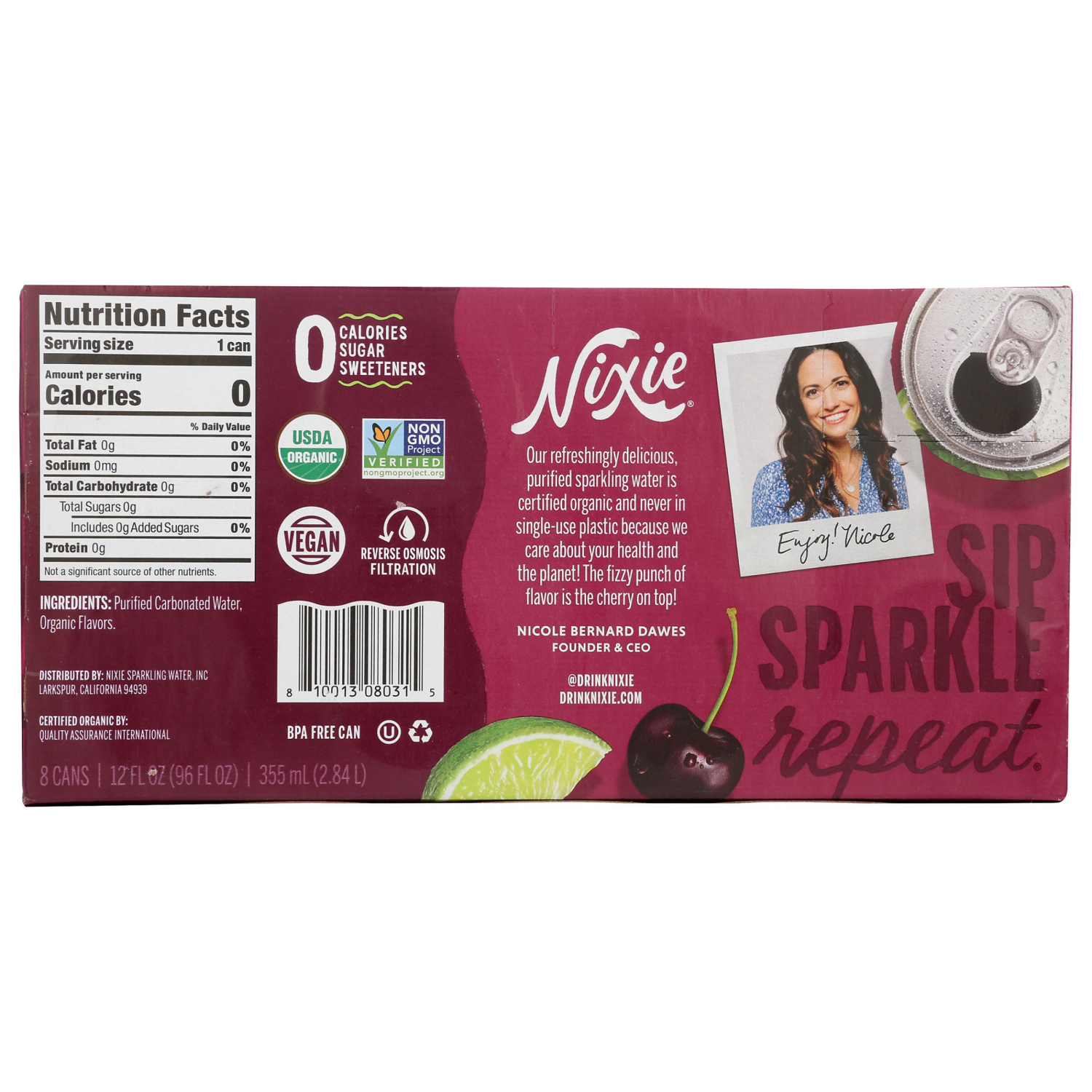slide 2 of 2, Nixie Black Cherry Lime Sparkling Water - 8 ct, 8 ct; 12 oz