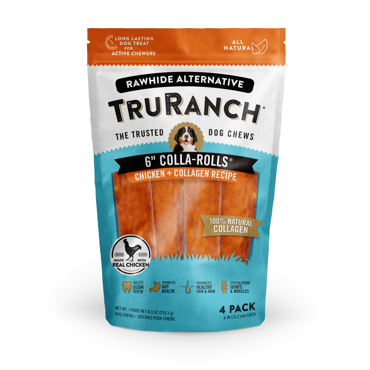 slide 1 of 2, TruRanch 6 Inch Colla-Rolls Chicken + Collagen Recipe Dog Chews 4 ea, 4 ct