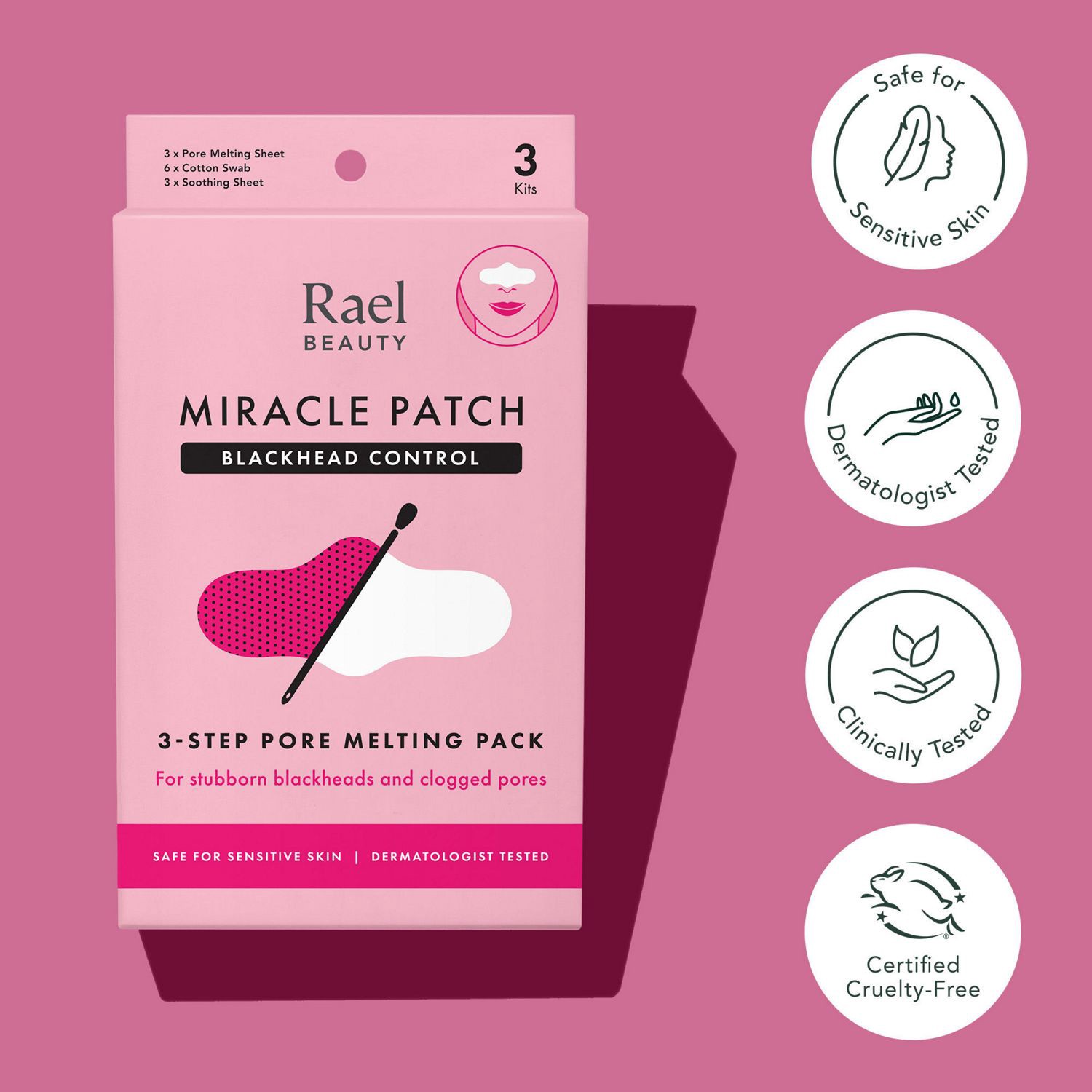 slide 3 of 7, Rael Beauty 3-Step Pore Melting Pack Miracle Patch Blackhead Control 3 Kits, 3 ct