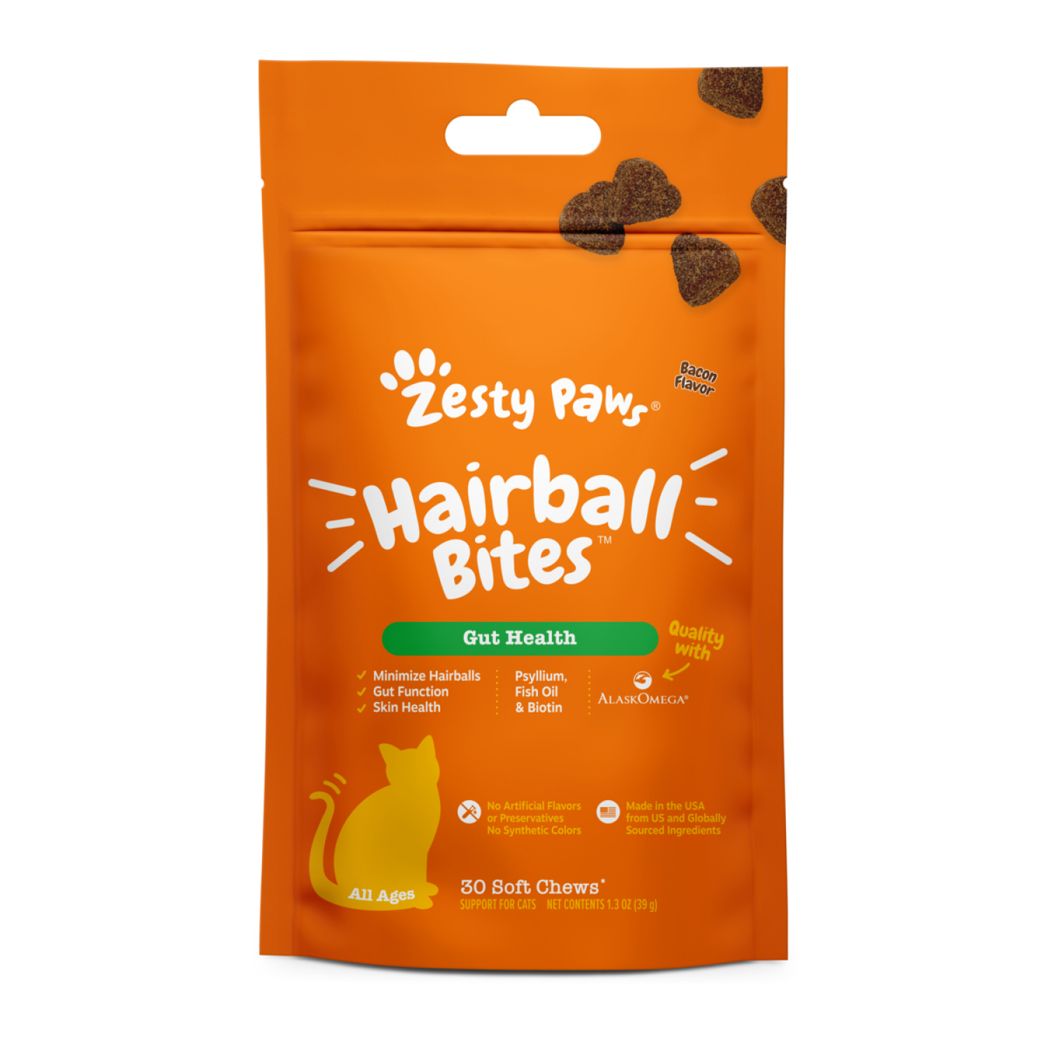 slide 1 of 6, Zesty Paws Hairball Bites Cat, Bacon 30ct, 30 ct