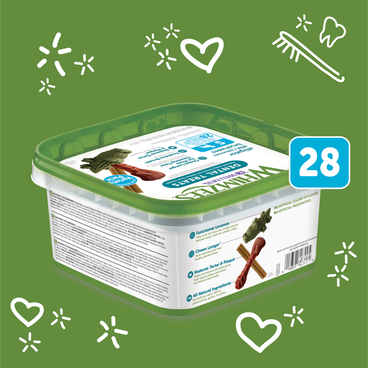 slide 5 of 29, WHIMZEES by Wellness Small Natural Dental Variety Tub Dog Treats, 28 count, 1 ct