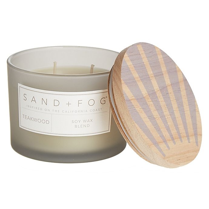 slide 1 of 1, Sand + Fog Teakwood Jar Candle with Painted Sunburst Wood Lid - Grey, 12 oz