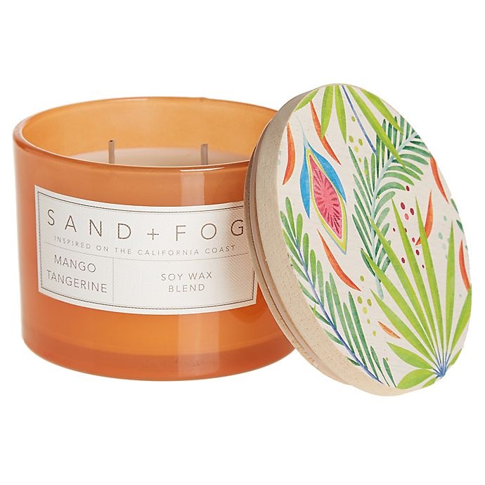 slide 1 of 1, Sand + Fog Mango Tangerine Painted-Lid Jar Candle with Tropical Design, 12 oz