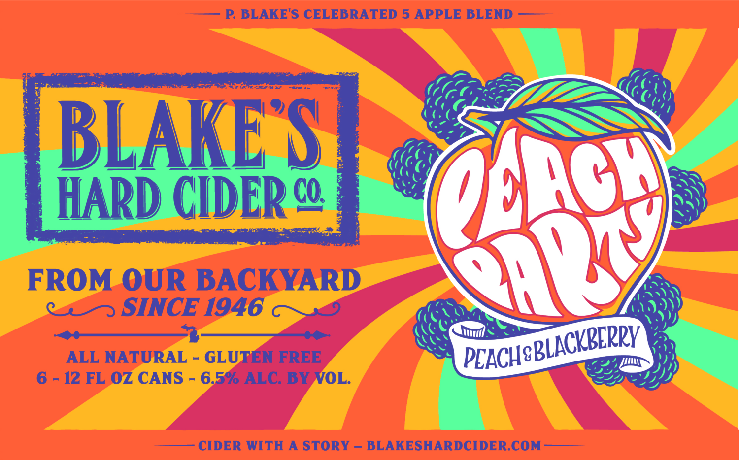 slide 1 of 4, Blake's Hard Cider Co. Peach Party Peach & Blackberry Hard Cider 6 - 12 fl oz Cans, 6 ct