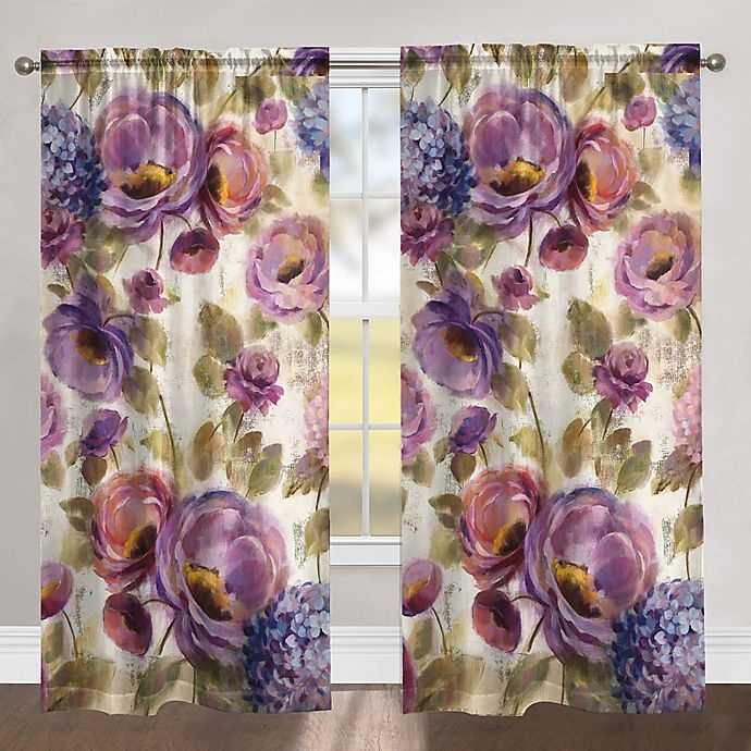 slide 1 of 1, Laural Home Flower Song Rod Pocket Room Darkening Window Curtain Panel - Purple, 84 in