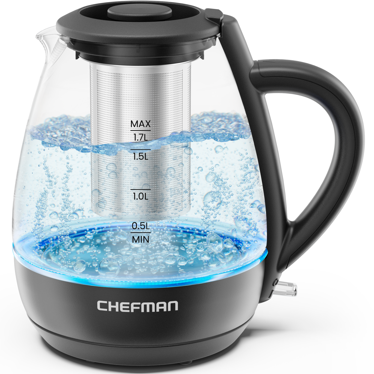 slide 3 of 4, Chefman Glass Cordless Kettle 1.7L with Stainless Steel Tea Infuser, 1.7 liter