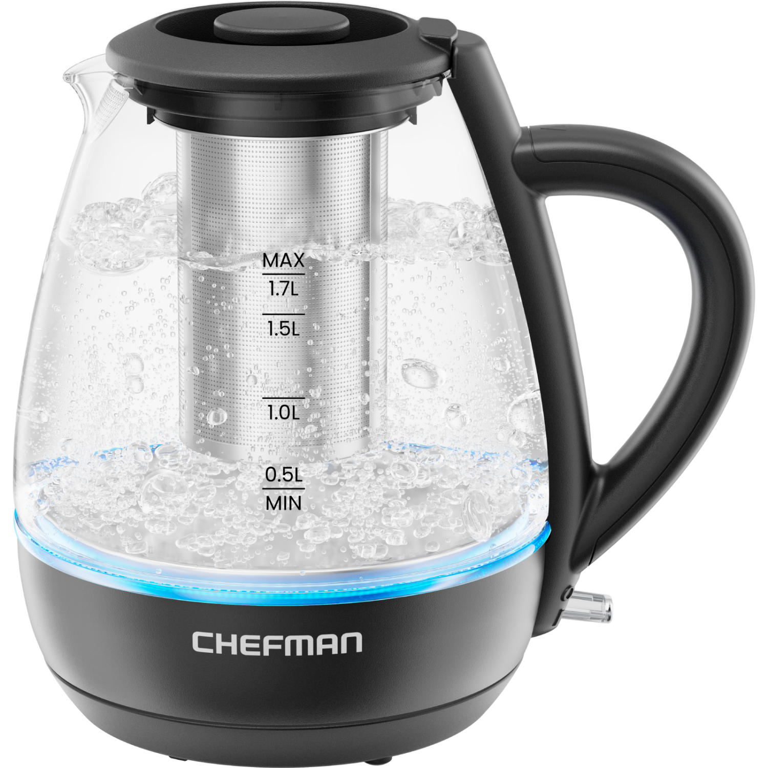 slide 1 of 4, Chefman Glass Cordless Kettle 1.7L with Stainless Steel Tea Infuser, 1.7 liter