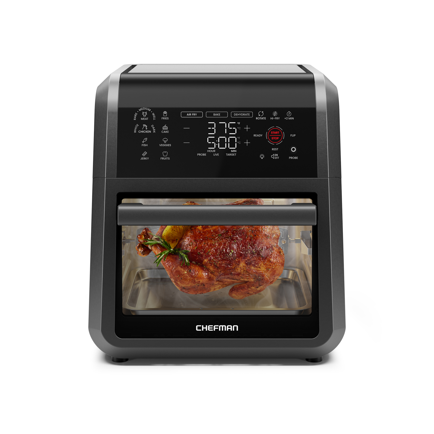 slide 1 of 5, CHEFMAN ExacTemp MULTIFUNCTIONAL DIGITAL AIR FRYER OVEN WITH PROBE BLACK FINISH, 12 qt