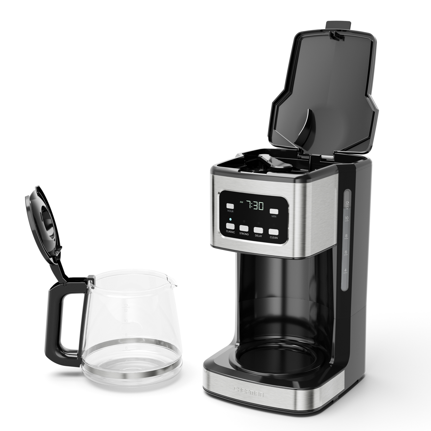 slide 2 of 4, Chefman 12-Cup Programmable Coffee Maker, Electric Brewer, Auto Shut Off, Digital Display with Auto-Brew Function, Reusable Filter for Fresh Grounds, Glass Carafe, 1 ct
