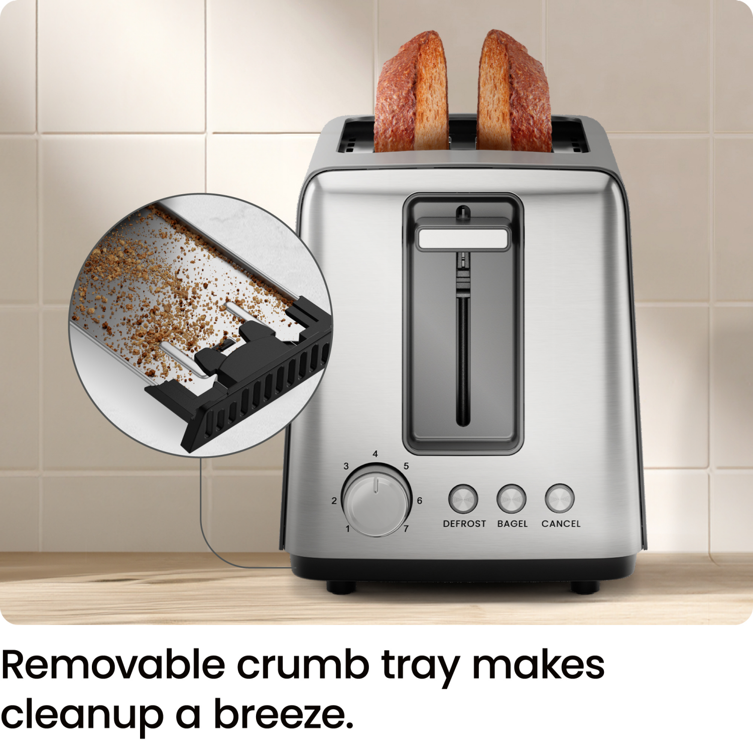 slide 3 of 6, Chefman 2-Slice Toaster, 7 Shade Settings, Removable Crumb Tray, Thick Bread and Bagel Toaster, Defrost, Cancel, 2-slice