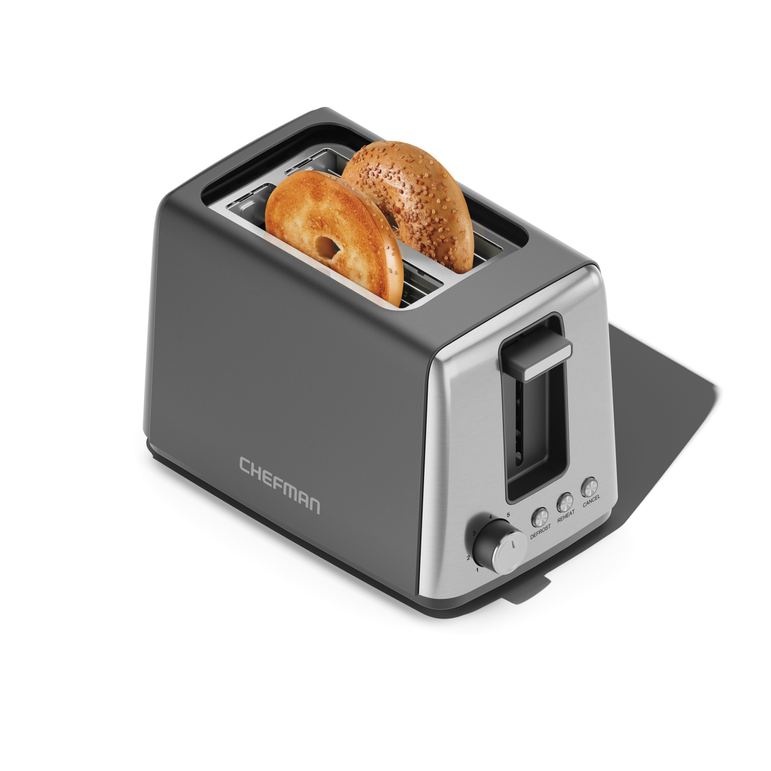 slide 4 of 6, Chefman 2-Slice Toaster, 7 Shade Settings, Removable Crumb Tray, Thick Bread and Bagel Toaster, Defrost, Cancel, 2-slice