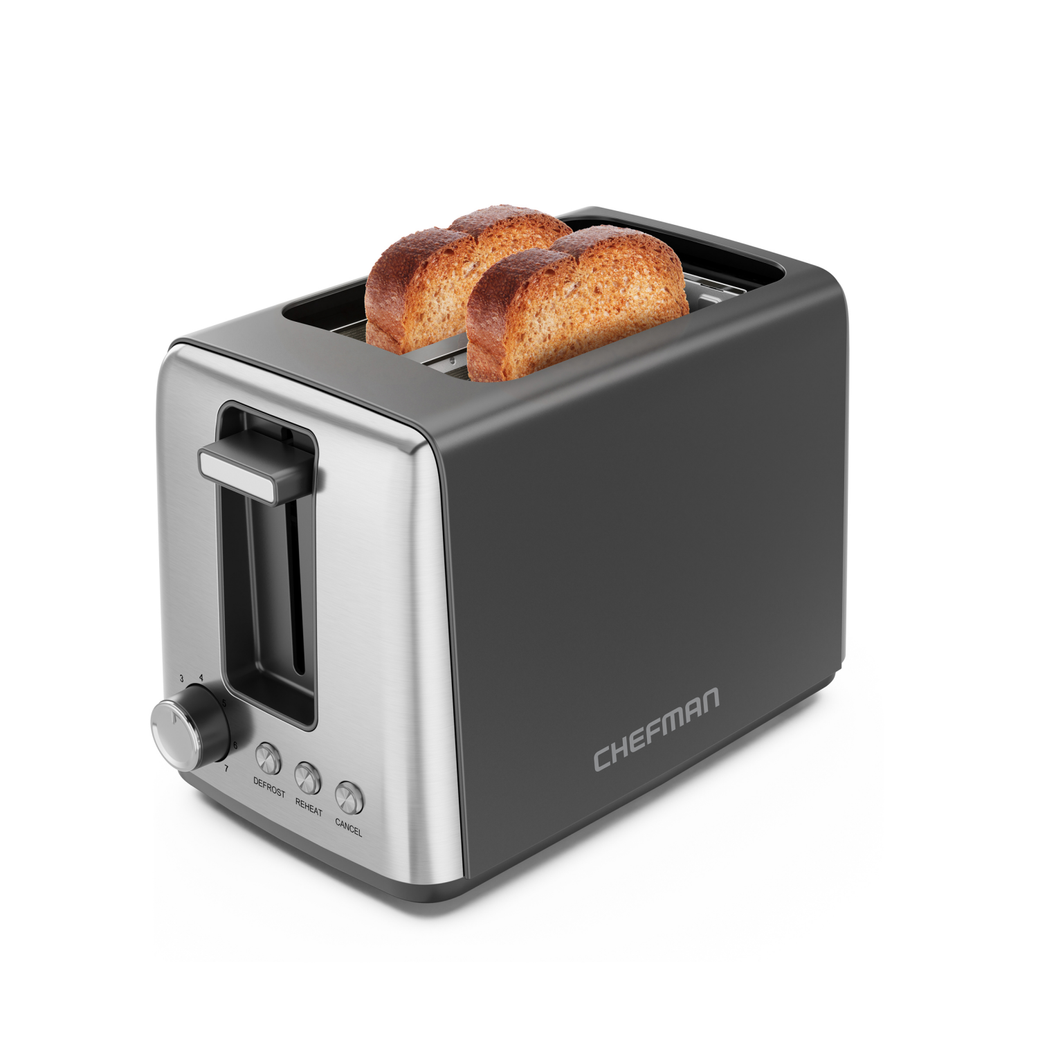 slide 5 of 6, Chefman 2-Slice Toaster, 7 Shade Settings, Removable Crumb Tray, Thick Bread and Bagel Toaster, Defrost, Cancel, 2-slice