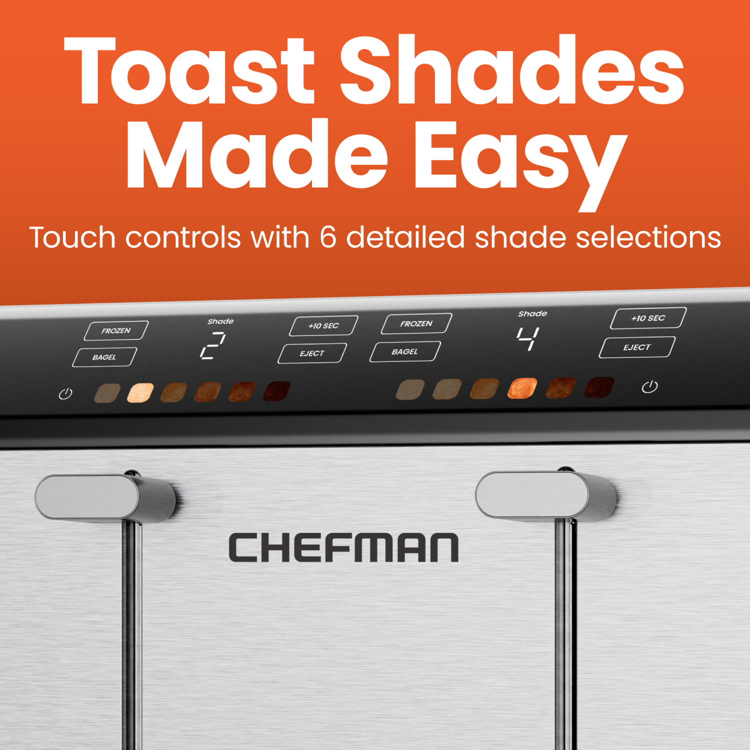 slide 2 of 5, Chefman Smart Touch 4-Slice Digital Toaster, 6 Shade Settings, Touchscreen, Extra-Wide Slots, Removable Crumb Tray; +10 Seconds, Defrost, Stainless Steel, 4-slice