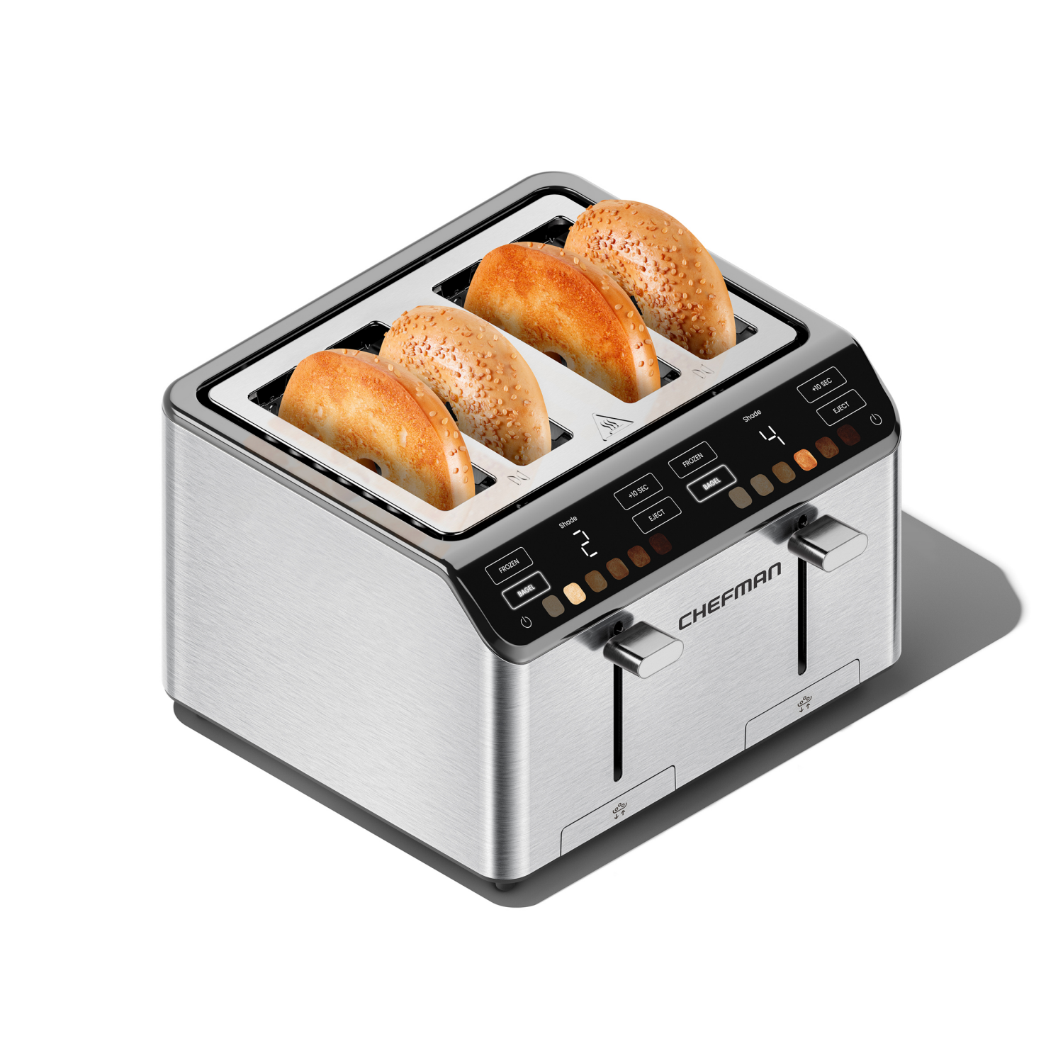 slide 3 of 5, Chefman Smart Touch 4-Slice Digital Toaster, 6 Shade Settings, Touchscreen, Extra-Wide Slots, Removable Crumb Tray; +10 Seconds, Defrost, Stainless Steel, 4-slice