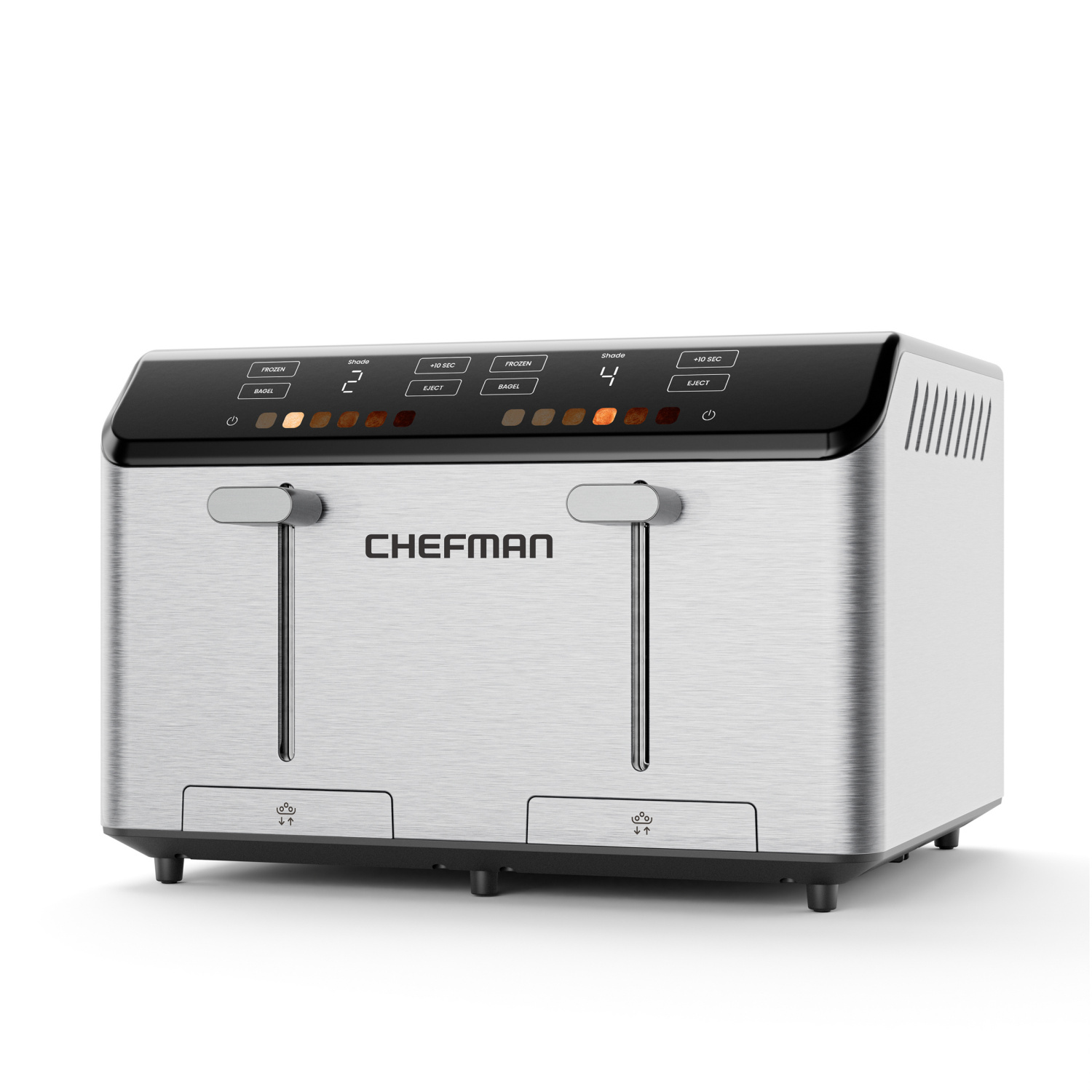 slide 4 of 5, Chefman Smart Touch 4-Slice Digital Toaster, 6 Shade Settings, Touchscreen, Extra-Wide Slots, Removable Crumb Tray; +10 Seconds, Defrost, Stainless Steel, 4-slice