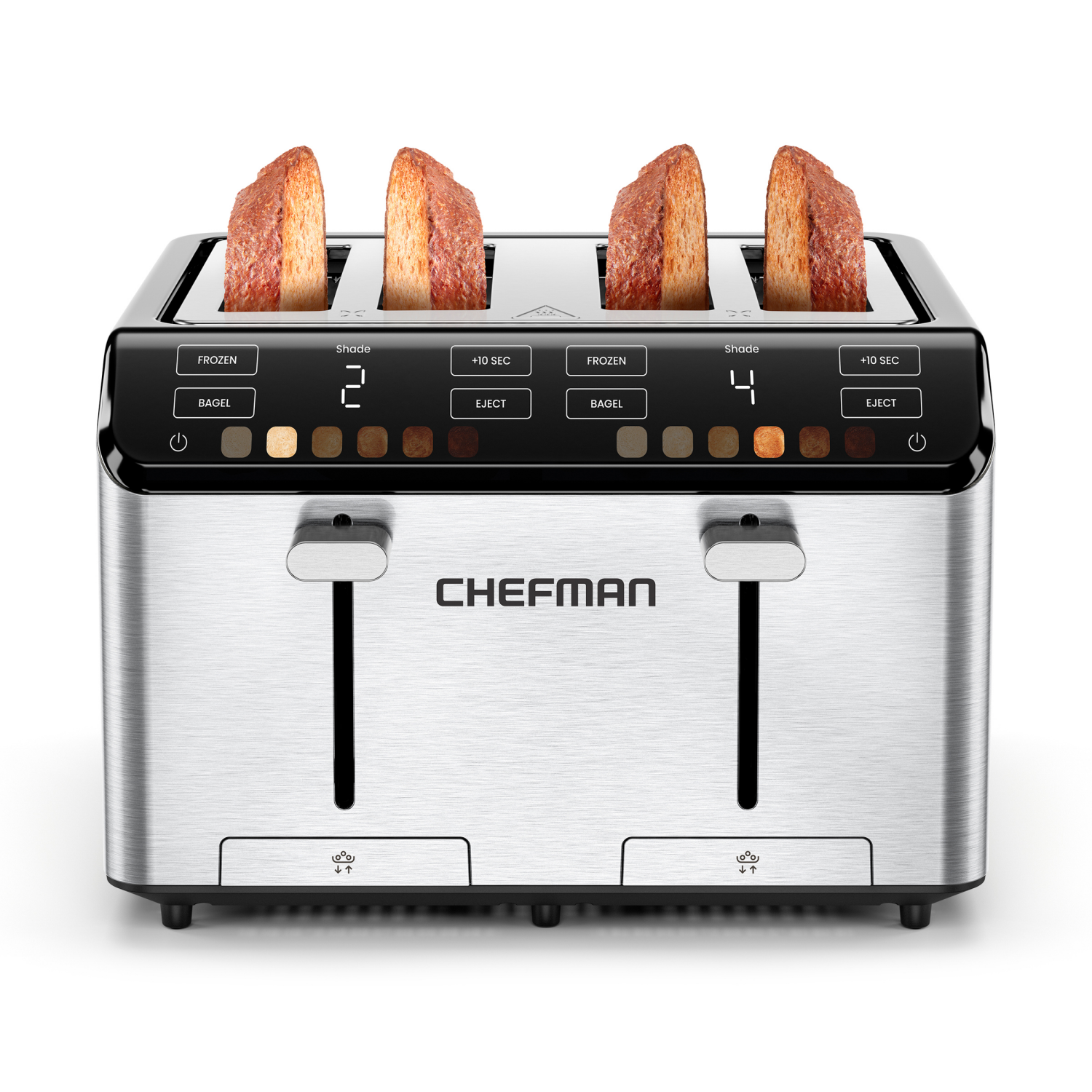 slide 1 of 5, Chefman Smart Touch 4-Slice Digital Toaster, 6 Shade Settings, Touchscreen, Extra-Wide Slots, Removable Crumb Tray; +10 Seconds, Defrost, Stainless Steel, 4-slice