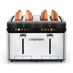 Chefman Smart Touch 4-Slice Digital Toaster, 6 Shade Settings, Touchscreen, Extra-Wide Slots, Removable Crumb Tray; +10 Seconds, Defrost, Stainless Steel
