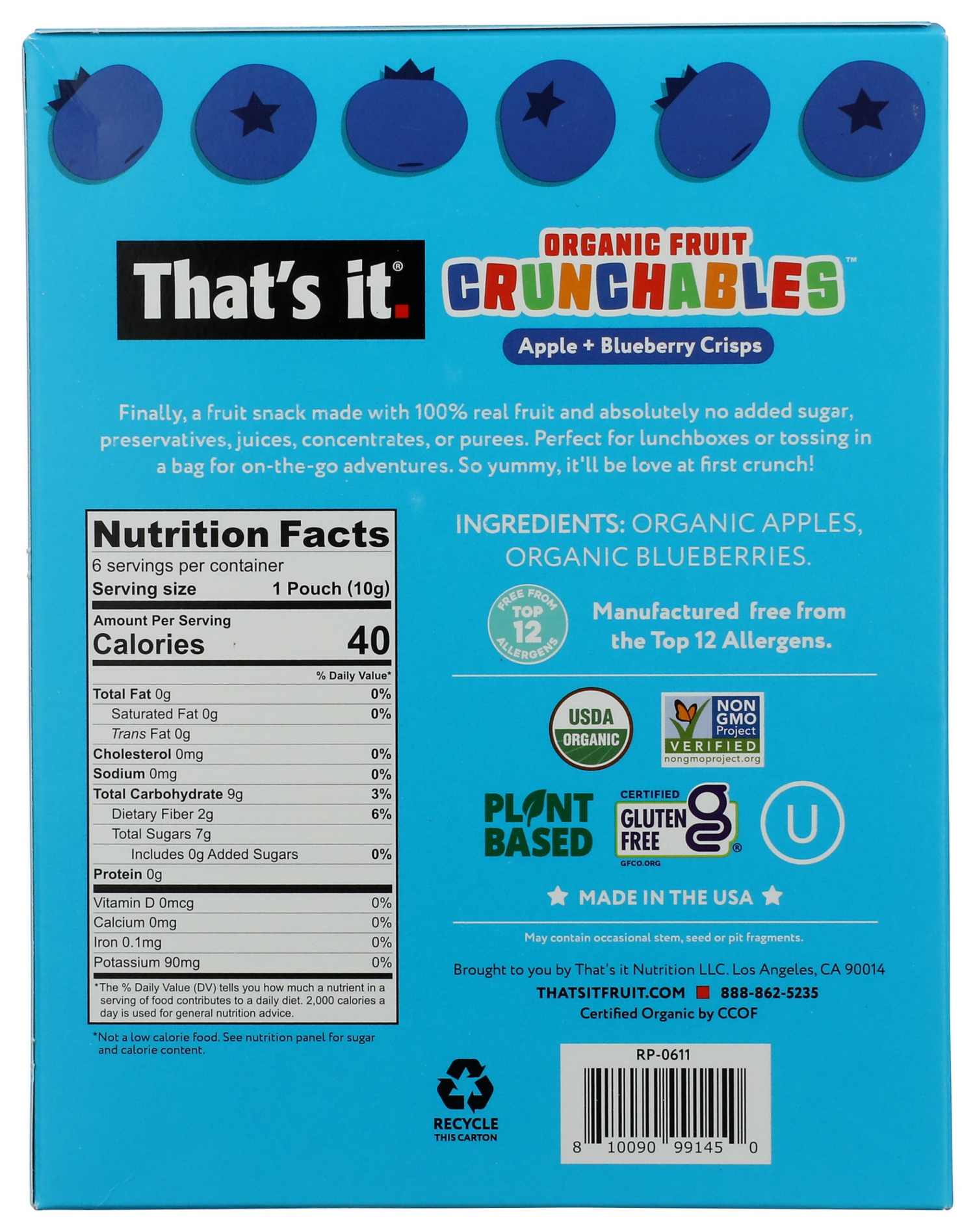 slide 2 of 2, THATS IT That's It Organic Fruit Crunchables- Apple + Blueberry 6 count, 6 ct