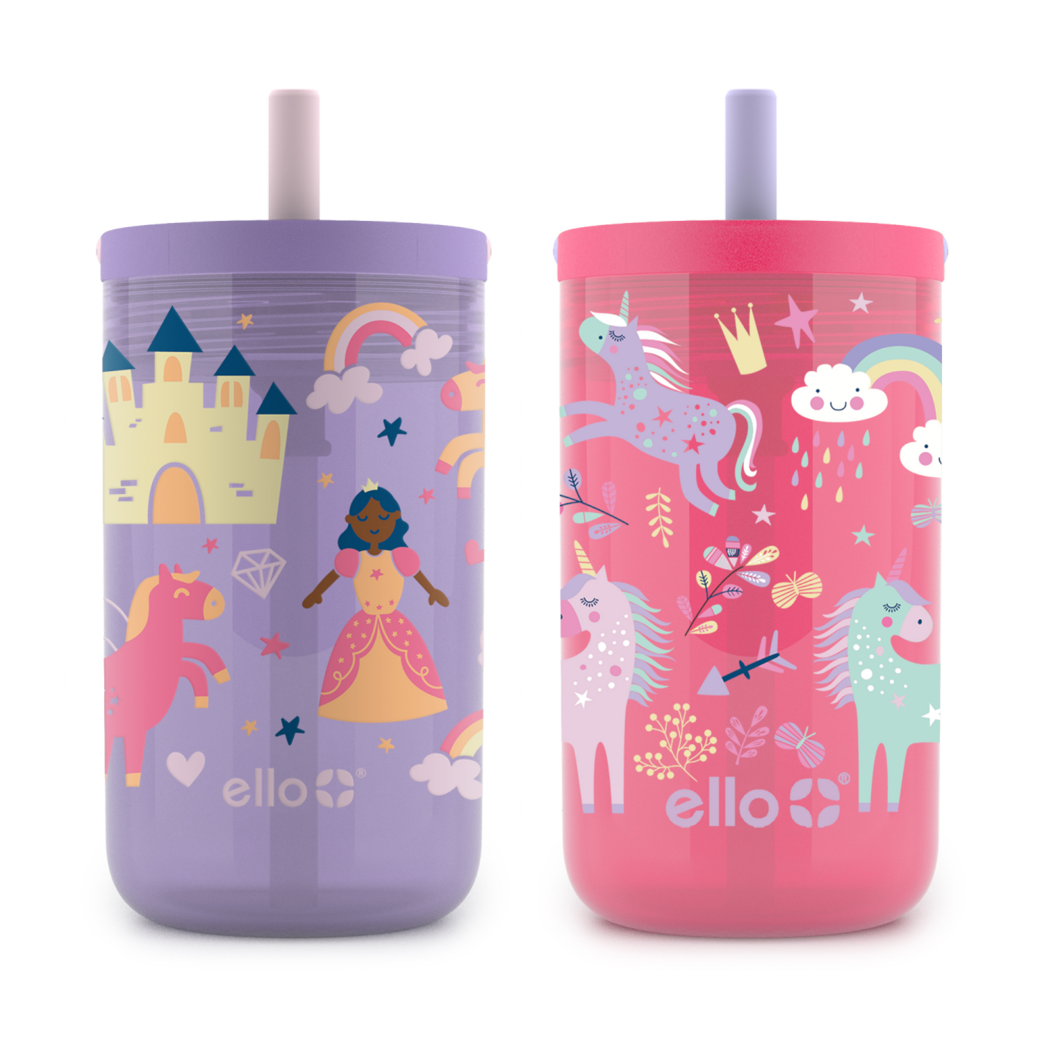 slide 1 of 1, Ello Bop 2-Pack 12oz Kids Plastic Tumbler Set with Carry Loop | Leak-Proof Slider Lid | Removable Spill Resistent Soft Straw | BPA-Free |Princess Unicorn, 12 oz