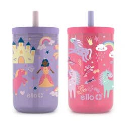 Ello Bop 2-Pack 12oz Kids Plastic Tumbler Set with Carry Loop | Leak-Proof Slider Lid | Removable Spill Resistent Soft Straw | BPA-Free |Princess Unicorn