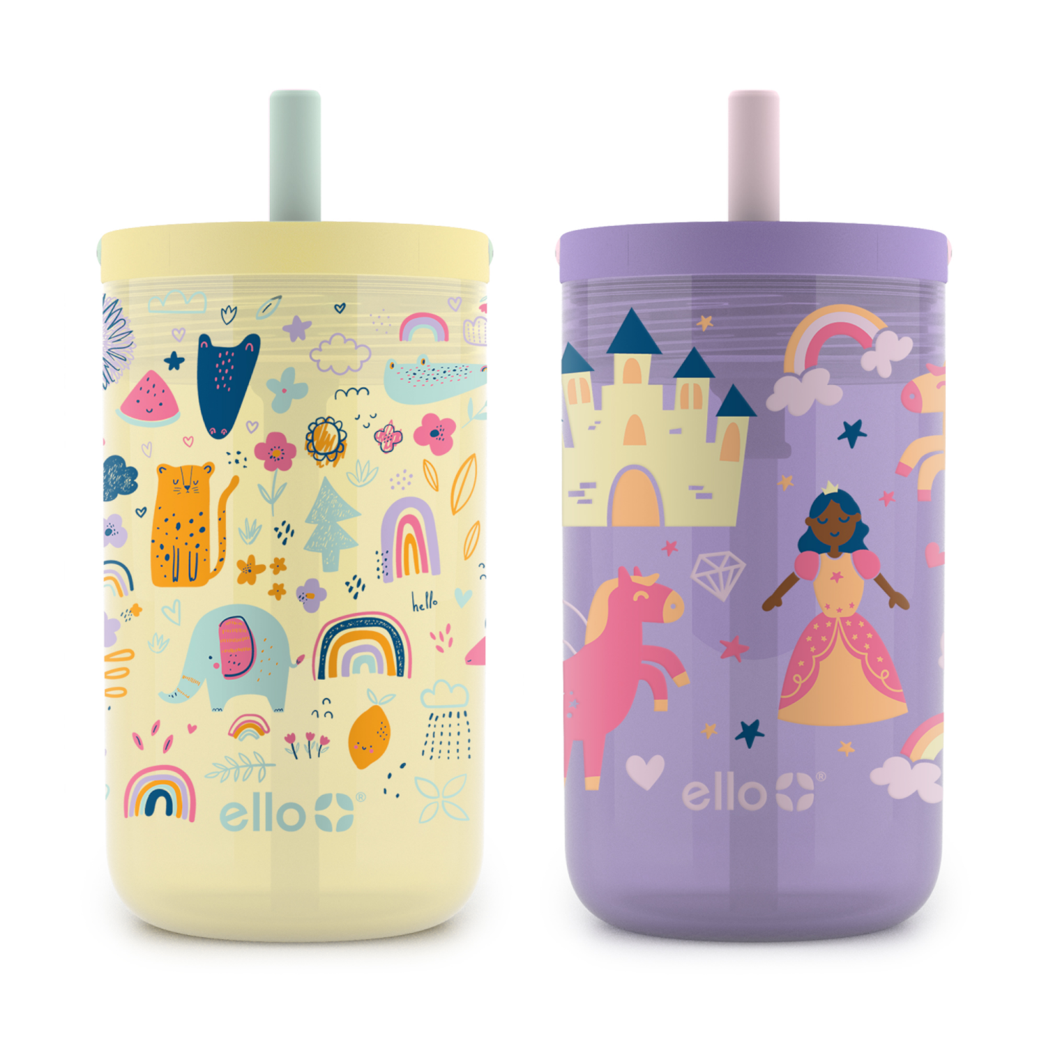 slide 1 of 1, Ello Bop 2-Pack 12oz Kids Plastic Tumbler Set with Carry Loop | Leak-Proof Slider Lid | Removable Spill Resistent Soft Straw | BPA-Free | Animal Wonderland, 12 oz