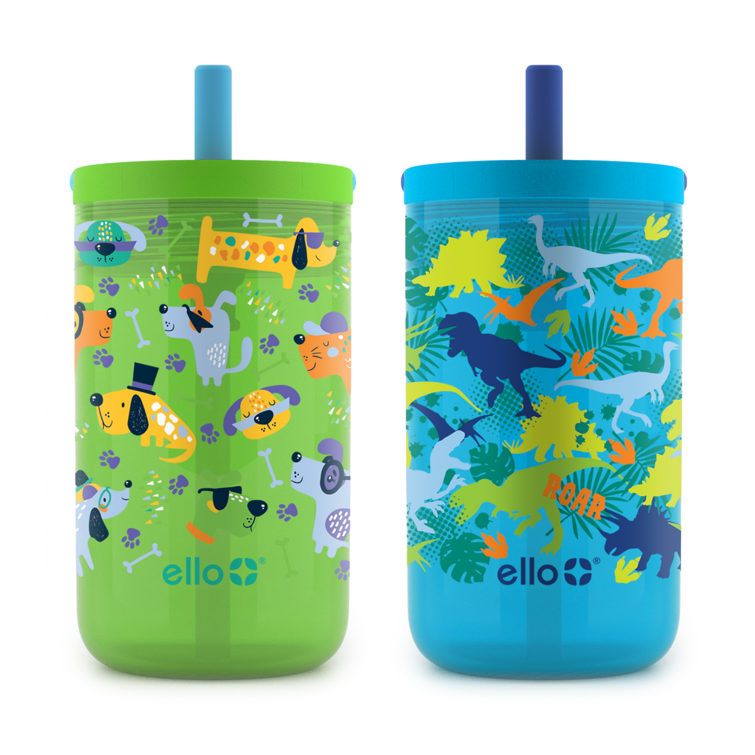 slide 1 of 1, Ello Bop 2-Pack 12oz Kids Plastic Tumbler Set with Carry Loop | Leak-Proof Slider Lid | Removable Spill Resistent Soft Straw | BPA-Free | Dogs and Dinos, 12 oz