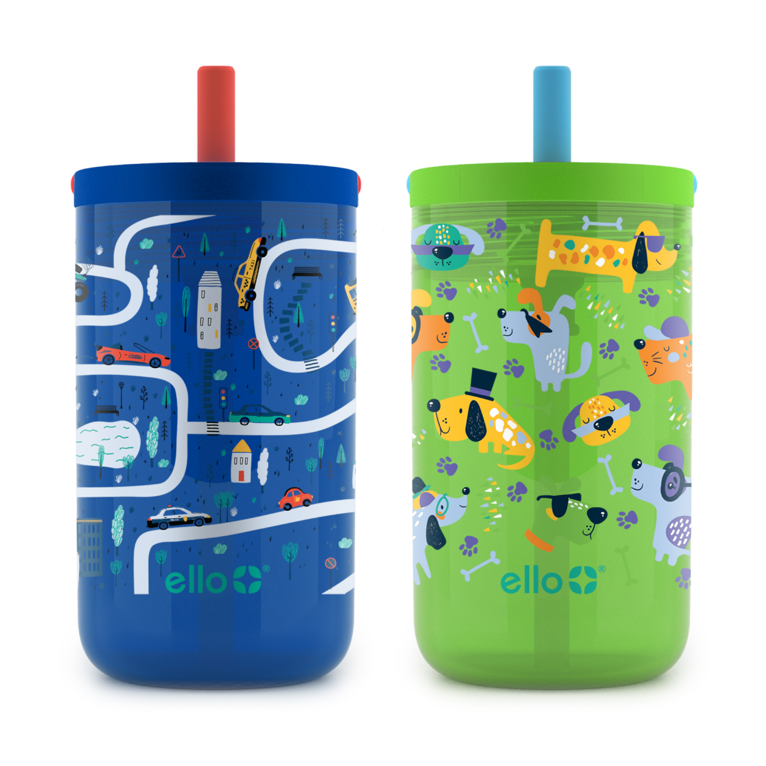 slide 1 of 1, Ello Bop 2-Pack 12oz Kids Plastic Tumbler Set with Carry Loop | Leak-Proof Slider Lid | Removable Spill Resistent Soft Straw | BPA-Free | Cars and Dogs, 12 oz