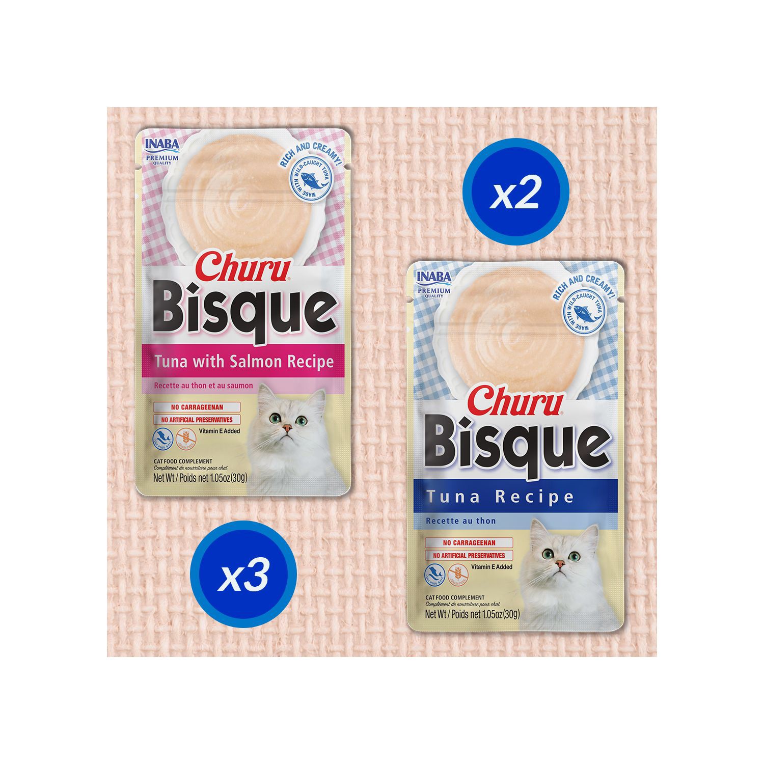 slide 4 of 4, Churu Bisque Tuna with Salmon Recipe/Tuna Recipe Cat Food Complement 5 - 1.05 oz Pouches, 5 ct