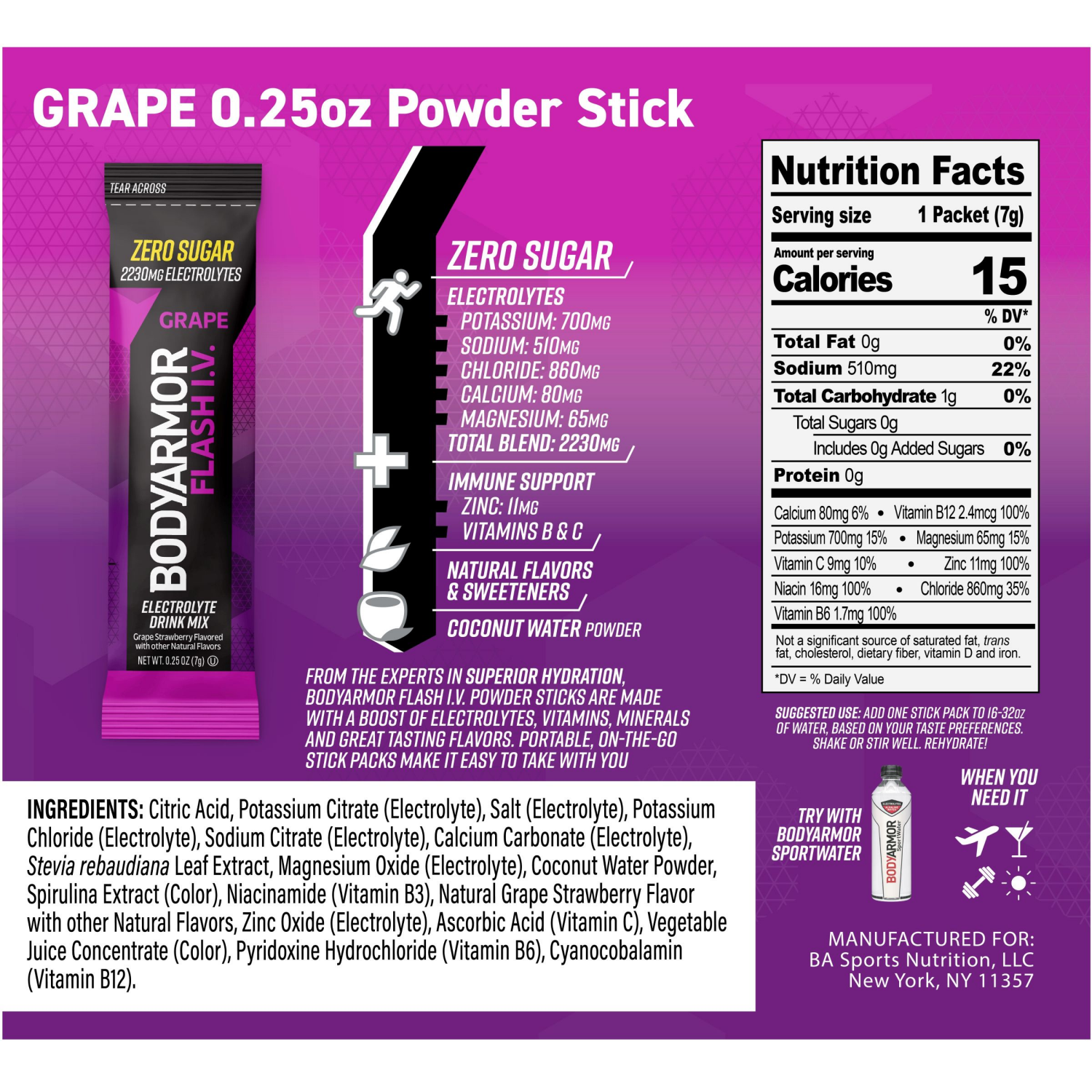 slide 4 of 4, BODYARMOR Hydration Booster Zero Sugar Grape Strawberry Electrolyte Drink Mix Stick Packs - 6 ct, 6 ct; 1.5 oz