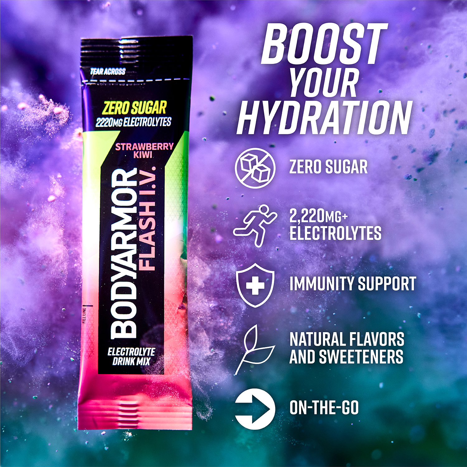 slide 2 of 4, BODYARMOR Flash IV Strawberry Kiwi Pouches, 0.25 dry oz, 6 Pack, 6 ct; 1 oz