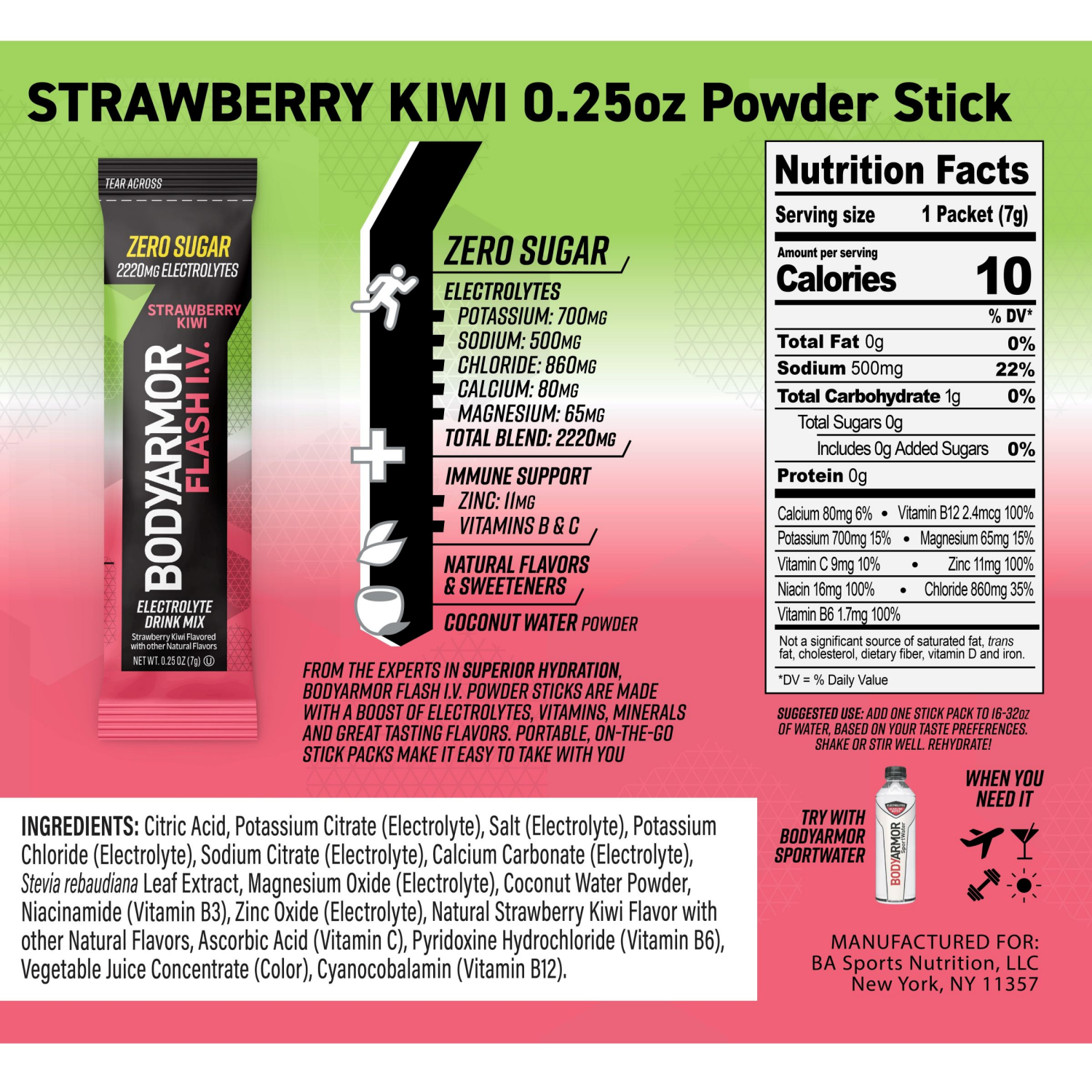 slide 4 of 4, BODYARMOR Flash IV Strawberry Kiwi Pouches, 0.25 dry oz, 6 Pack, 6 ct; 1 oz