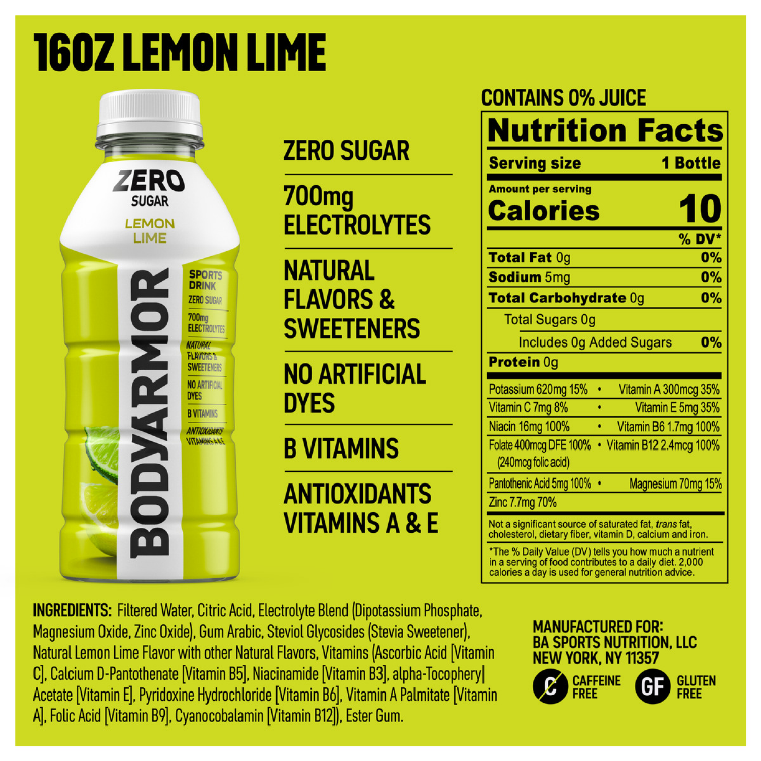 slide 6 of 6, BODYARMOR Zero Sugar Lemon Lime Electrolyte Sports Drink, 16 fl oz Bottle, 16 fl oz