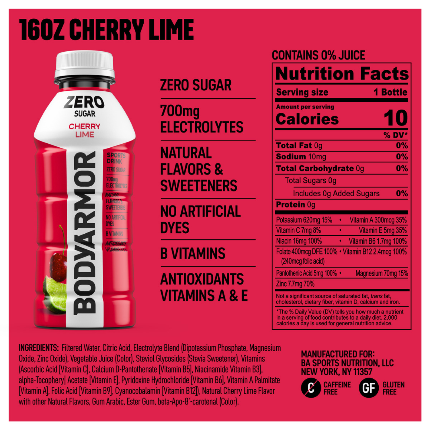 slide 5 of 5, BODYARMOR Zero Sugar Cherry Lime Electrolyte Sports Drink, 16 fl oz Bottle, 16 fl oz