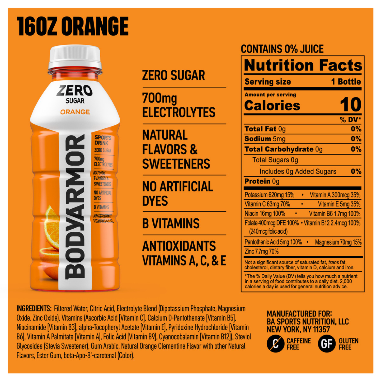slide 6 of 6, BODYARMOR Zero Sugar Orange Electrolyte Sports Drink, 16 fl oz Bottle, 16 fl oz