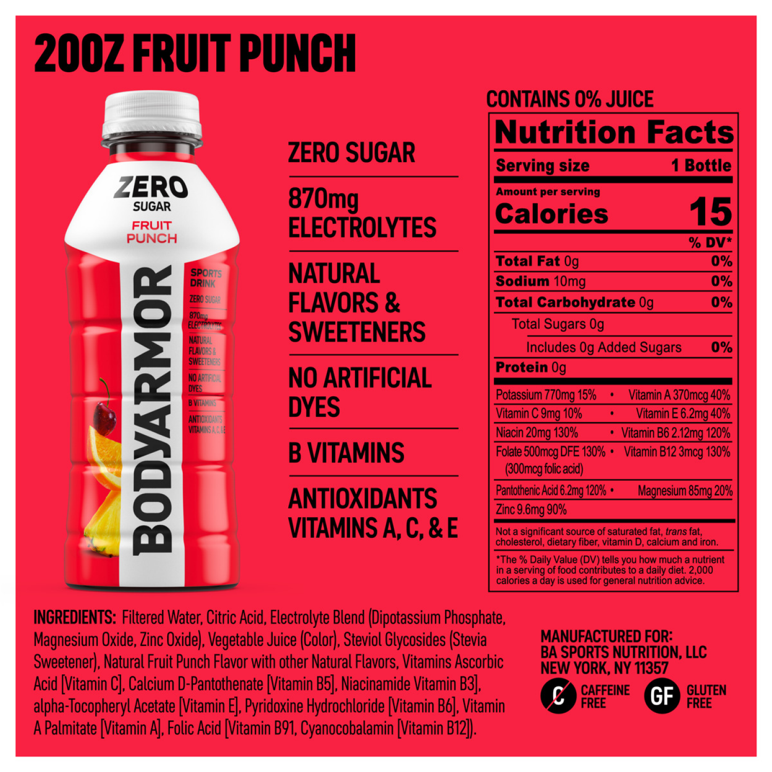 slide 4 of 6, BODYARMOR Zero Sugar Fruit Punch Bottles, 20 fl oz, 6 Pack, 6 ct